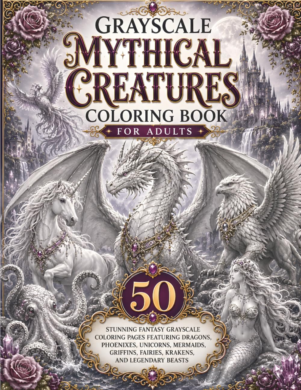 Grayscale Mythical Creatures Coloring Book for Adults: 50 Stunning Fantasy Grayscale Coloring Pages Featuring Dragons, Phoenixes, Unicorns, Mermaids, ... Beasts (BrightNova Grayscale Coloring Books)