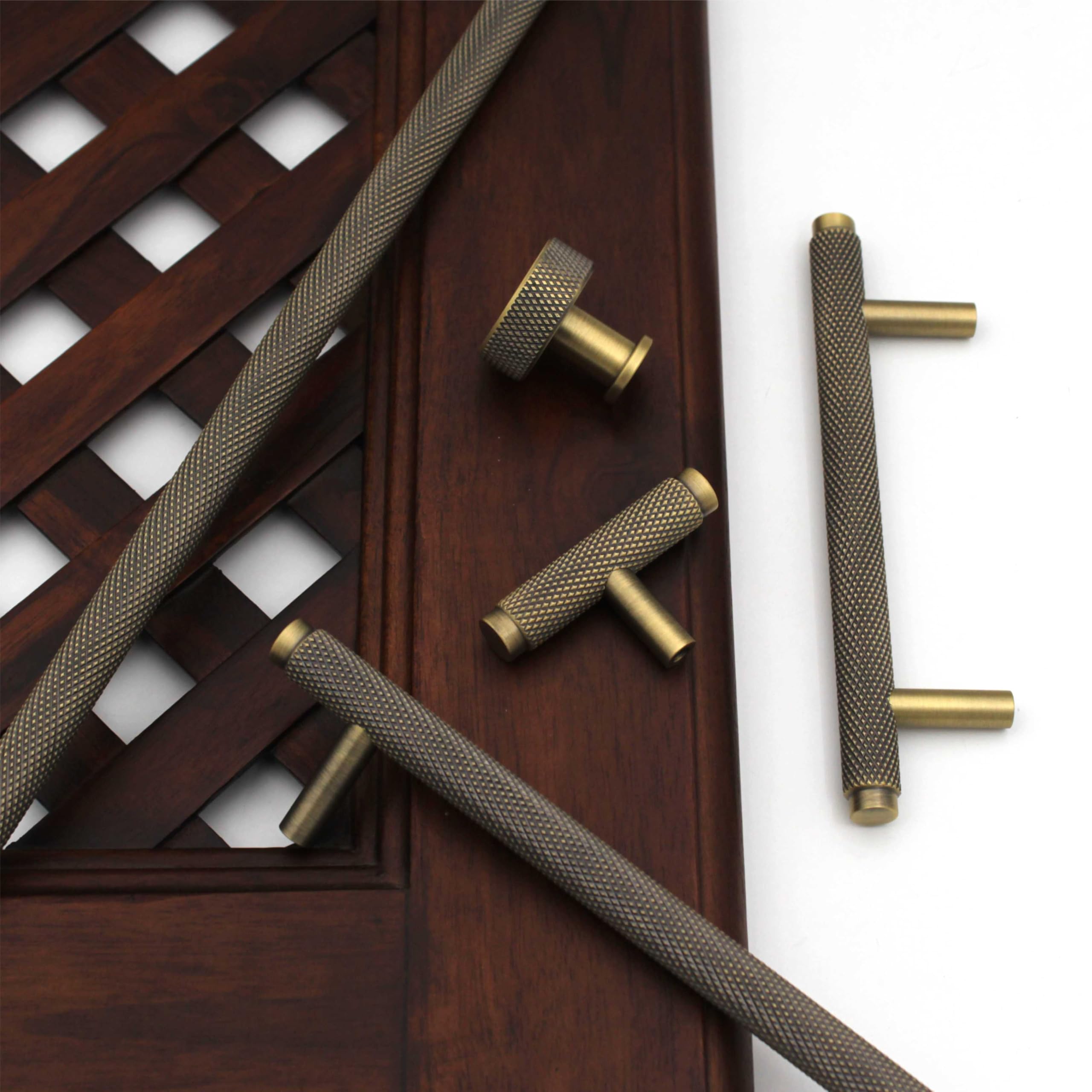 ABVIN Premium Solid Brass Knurled Cabinet Bar Pull Handles, Antique Brass Finish, Textured Grip, Furniture Hardware for Drawers, Kitchens, Cupboards (T-Knob)-image-25