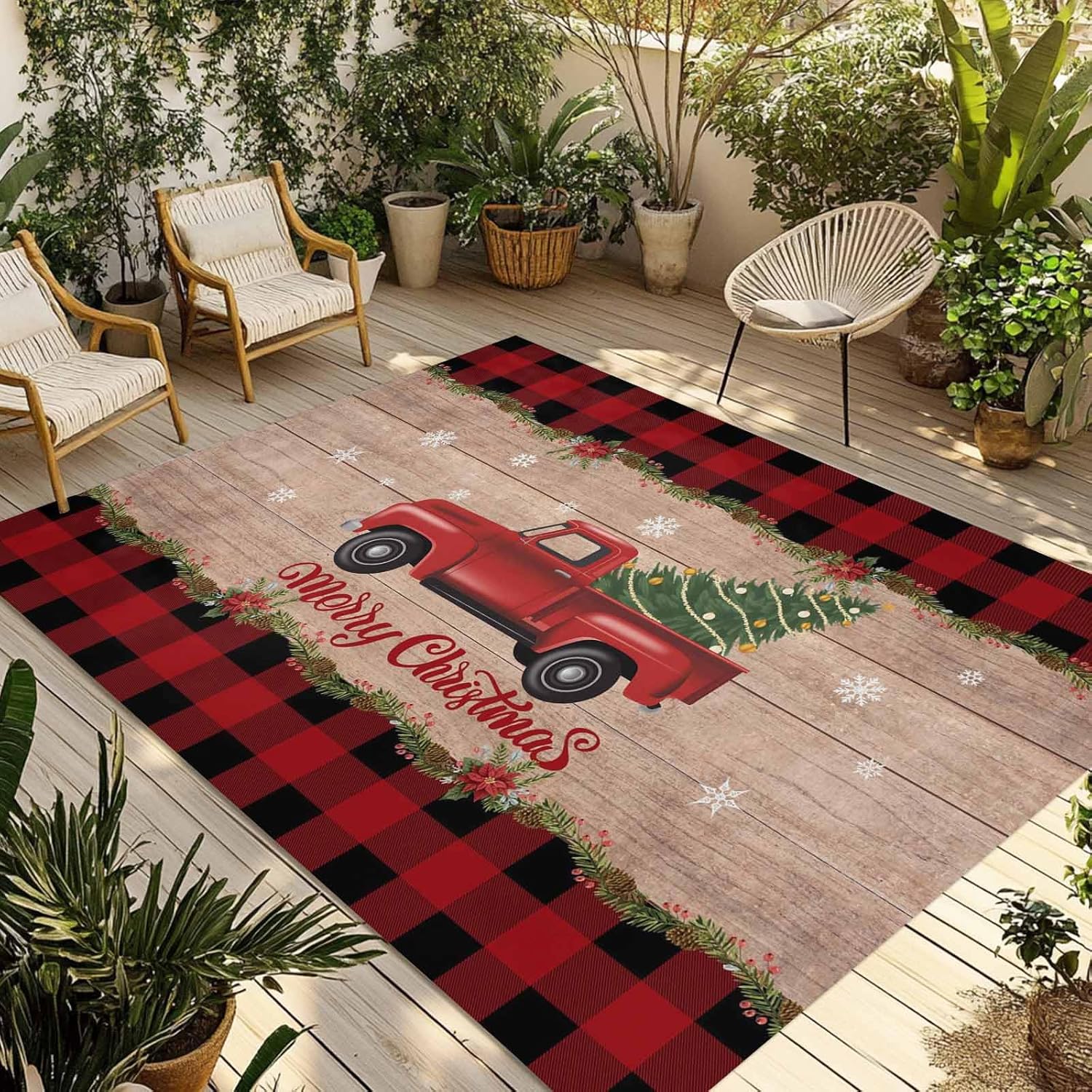 Christmas Outdoor Rug 4x6 ft Red Truck Xmas Tree Outdoor Large Area Rug Non Slip Rubber Poinsettia Pine Cones Holly Wood Plaid Front Door Mat RV Rug Carpet Patio Rugs for Backyard Balcony Porch