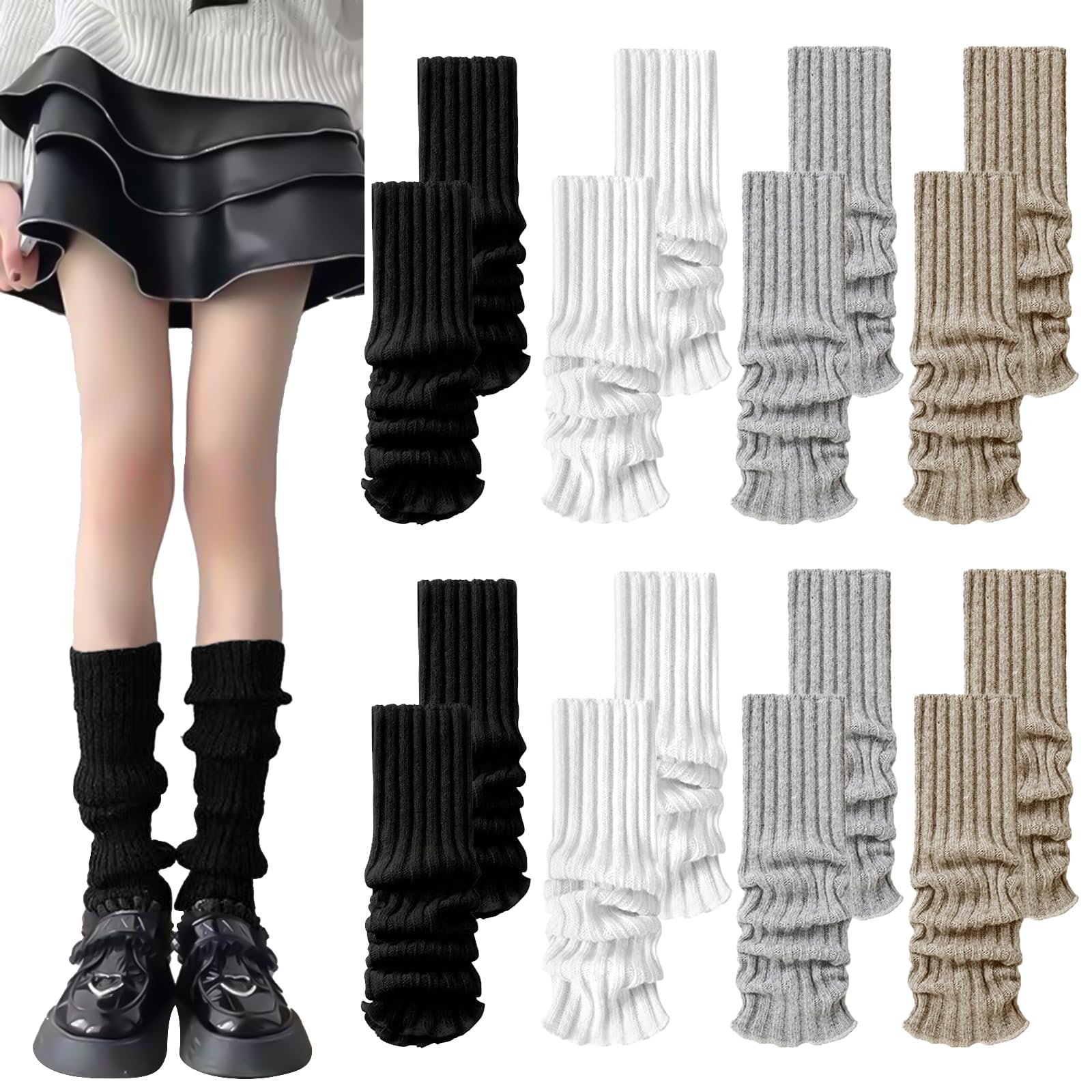 KIKAWORD 8 Pairs Women's Leg Warmer,Ribbed Knit Leg Warmers Ladies Y2K 80s for Women Girls,Long Boot Cuff Knee Socks for Daily Ballet Yoga Dance Ice Skating(White/Black/Grey/Brown)