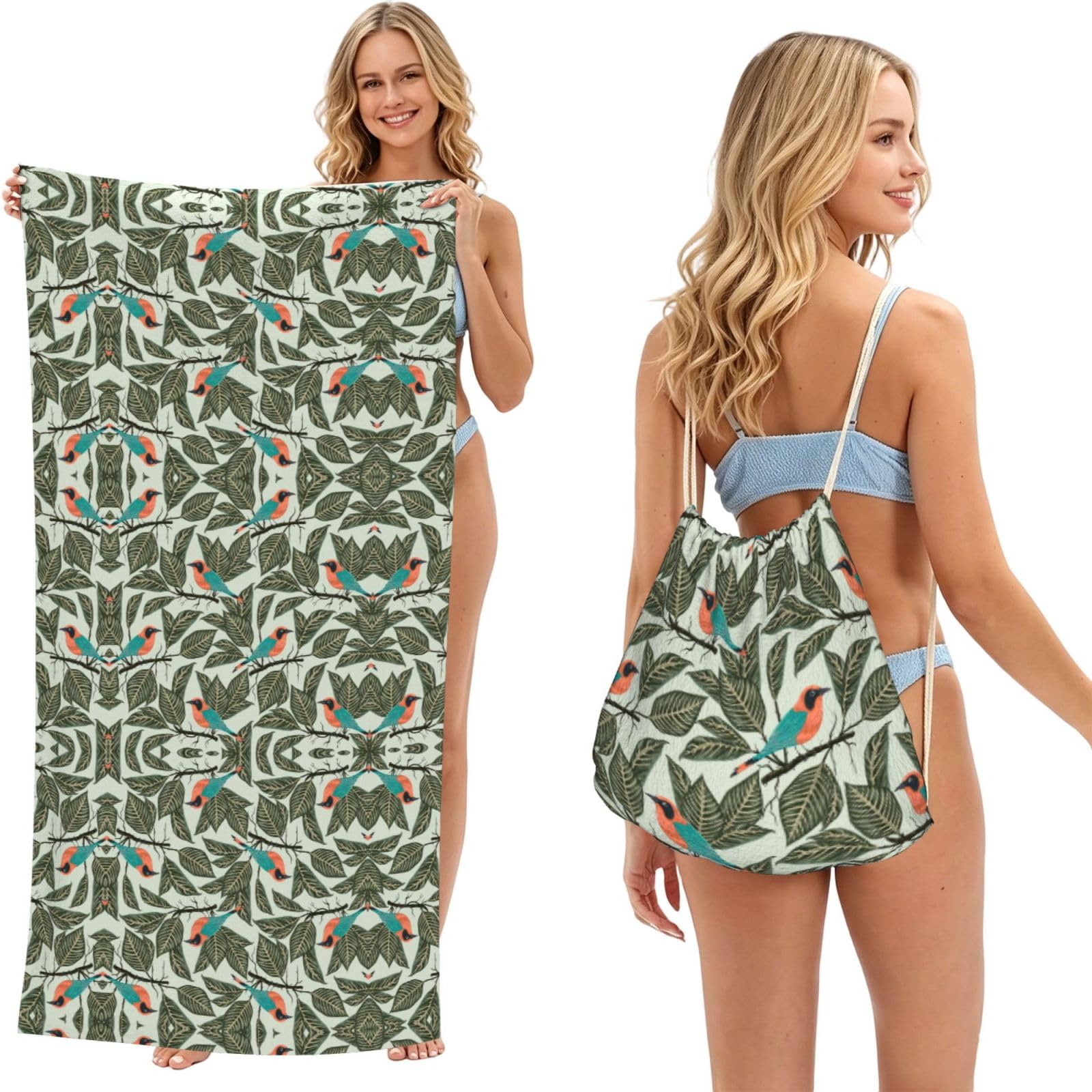 SATUSA Tropical Plants Print 2-In-1 Foldable Beach Towel Backpack â€“ Camping, Yoga And Travel,Bath Towel With Built-In Storage, Convertible Beach Mat & Carry Bag