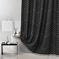 Vista 31 de Cortina de ducha bohemia rosa de tela tejida con borlas blancas, bonita cortina de ducha moderna de granja con textura tufted de chevrón a rayas