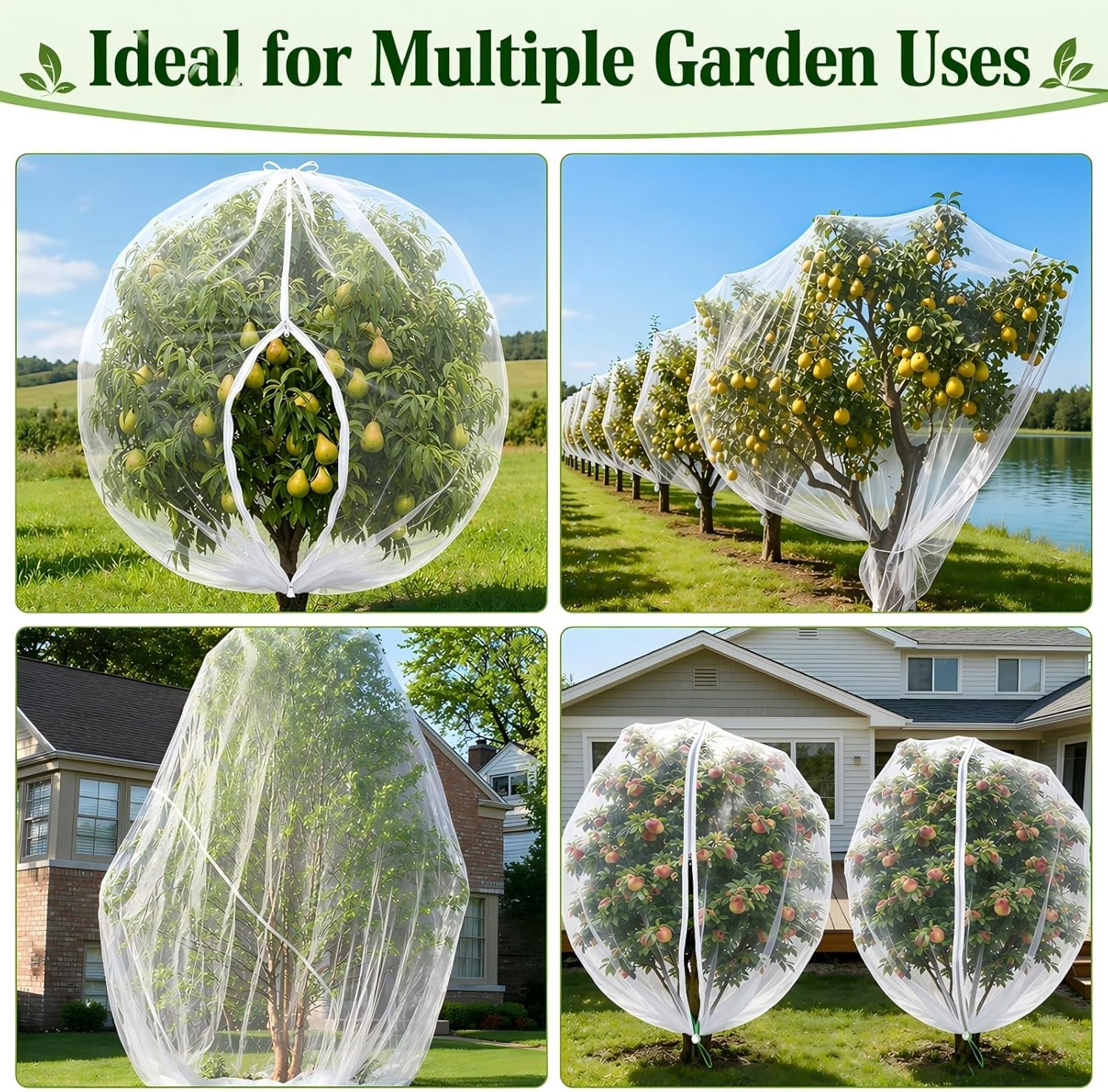 3 Pack Large Fruit Tree Netting Bags (10x10 ft), Extra-Fine Mesh Garden Net with Zipper & Drawstring, Reusable & Easy Access Bird Netting, Protects from Birds, Insects, Squirrels & Deer
