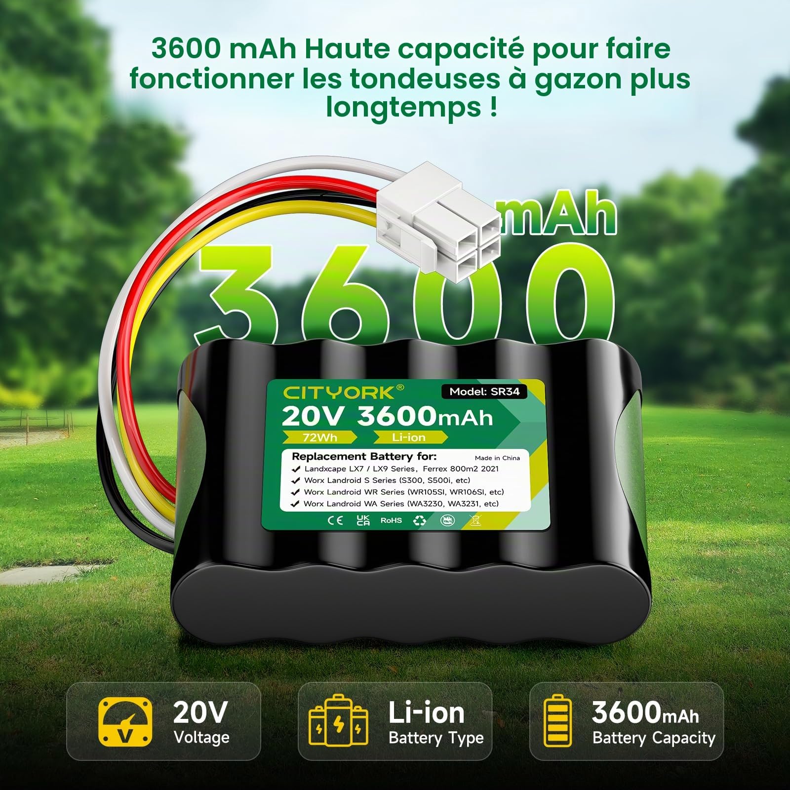 CITYORK 20 V/ 3600mAh Tondeuse Batterie pour Worx Landroid S300, S390, S300i, S450i, S500i,S700i, Worx WR100SI/101SI/102SI/WA3230/WA3231, pour Landxcape LX790, LX790i, LX792, LX795,LX835, LX991, LX992