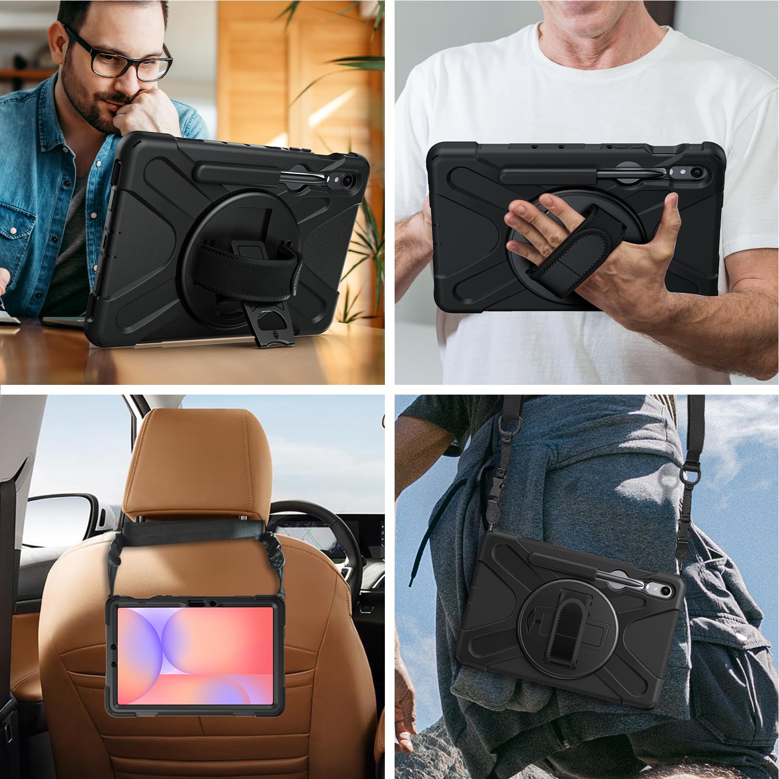 Gerutek Funda Anticaída para Samsung Galaxy Tab S10 Lite 10.9 Pulgadas/Tab S10 FE/Tab S9 FE/S9 11" (2025/2023), Carcasa Rugosa con Soporte 360° Giratorio, Correa de Mano/Hombro, Portalápices, Negro