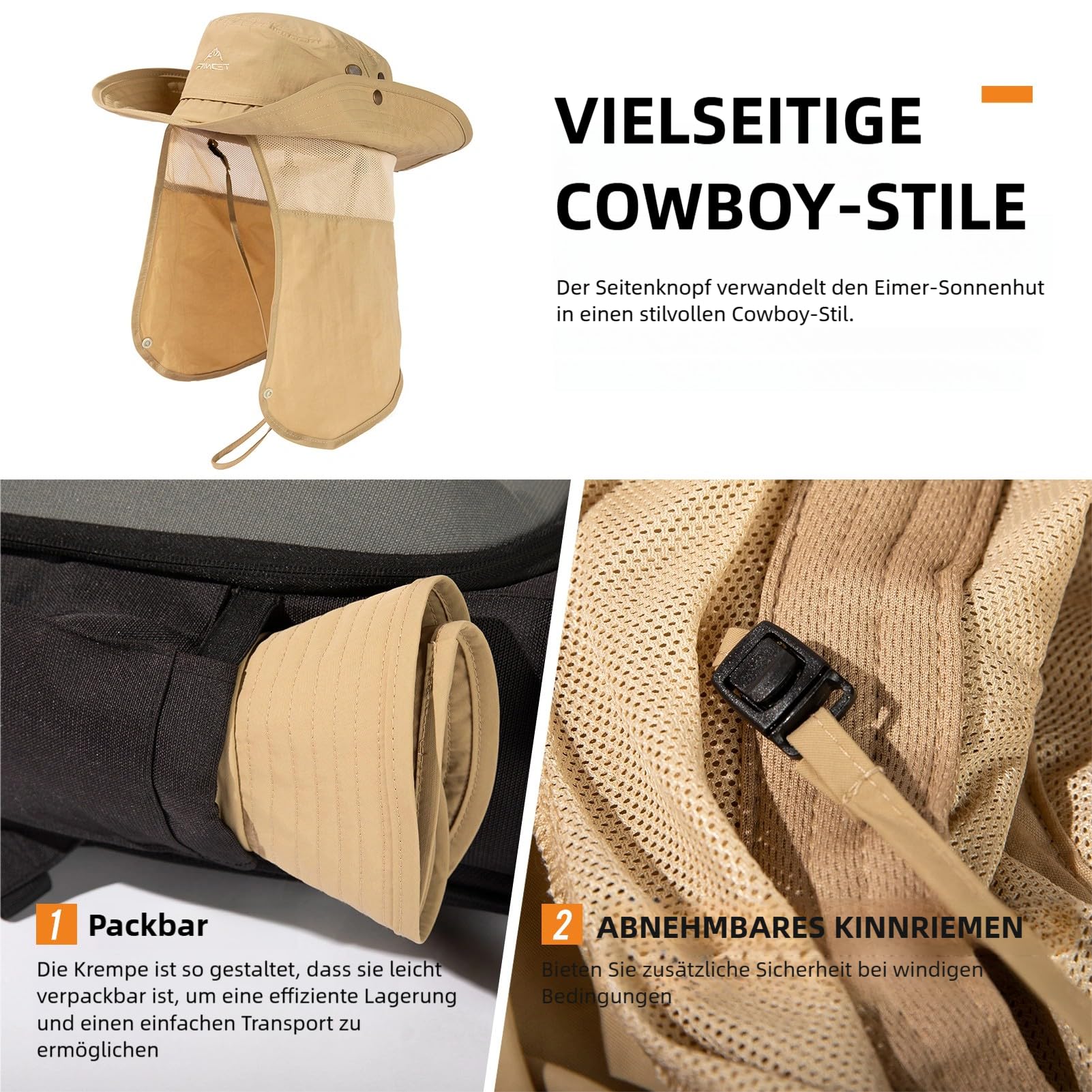 TOP-EX UVCoolix™ Chapeau de soleil unisexe UPF 50+ avec protection de la nuque, chapeau d'extérieur imperméable pour randonnée et pêche, chapeau de safari rafraîchissant avec large bord, respirant