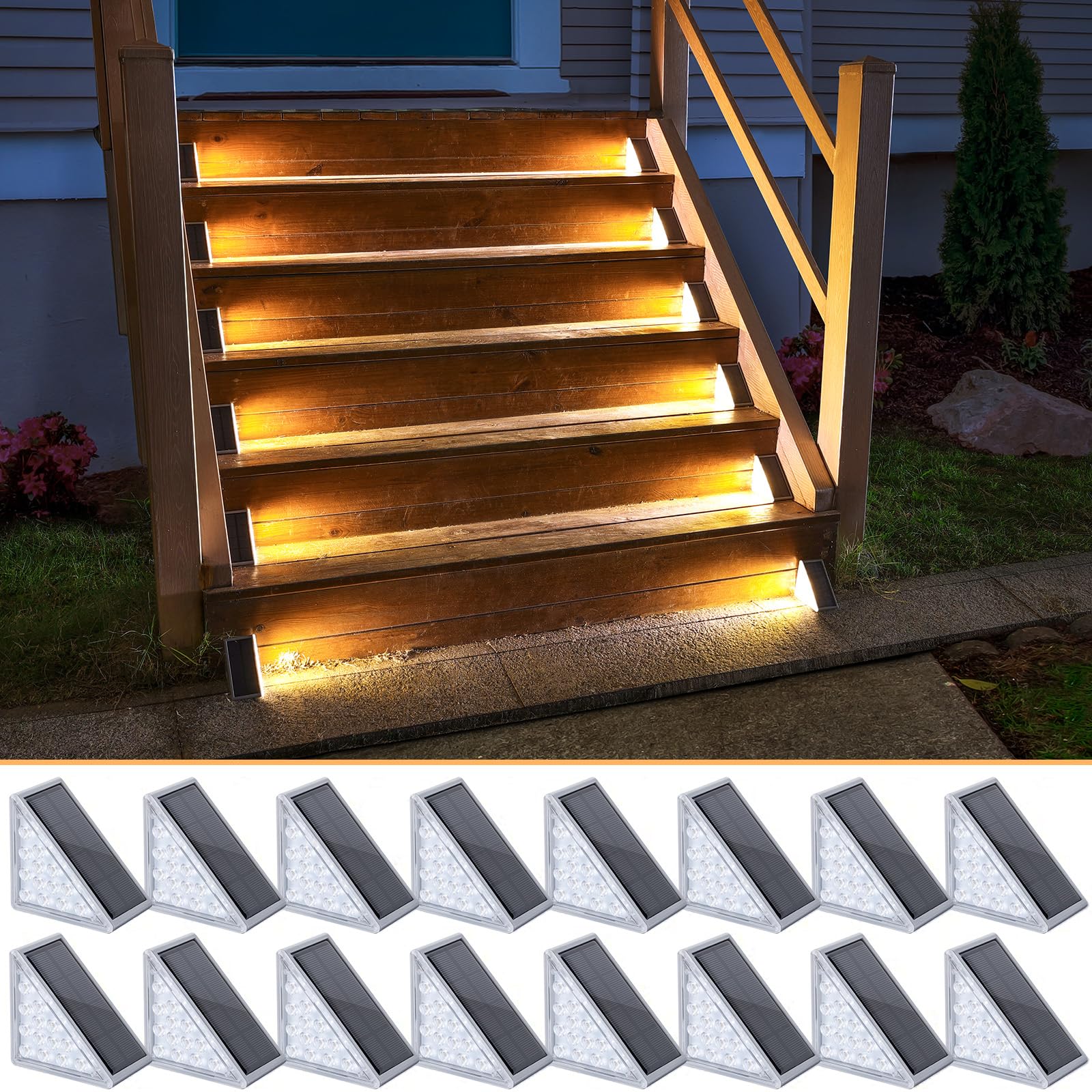 NIORSUN Solar Step Lights 16 Pack - Outdoor Stair Lights with 3000K Warm White &amp; 6000K Cool Daylight, IP67 Waterproof, Auto On/Off, Super Bright for Deck, Patio, Steps