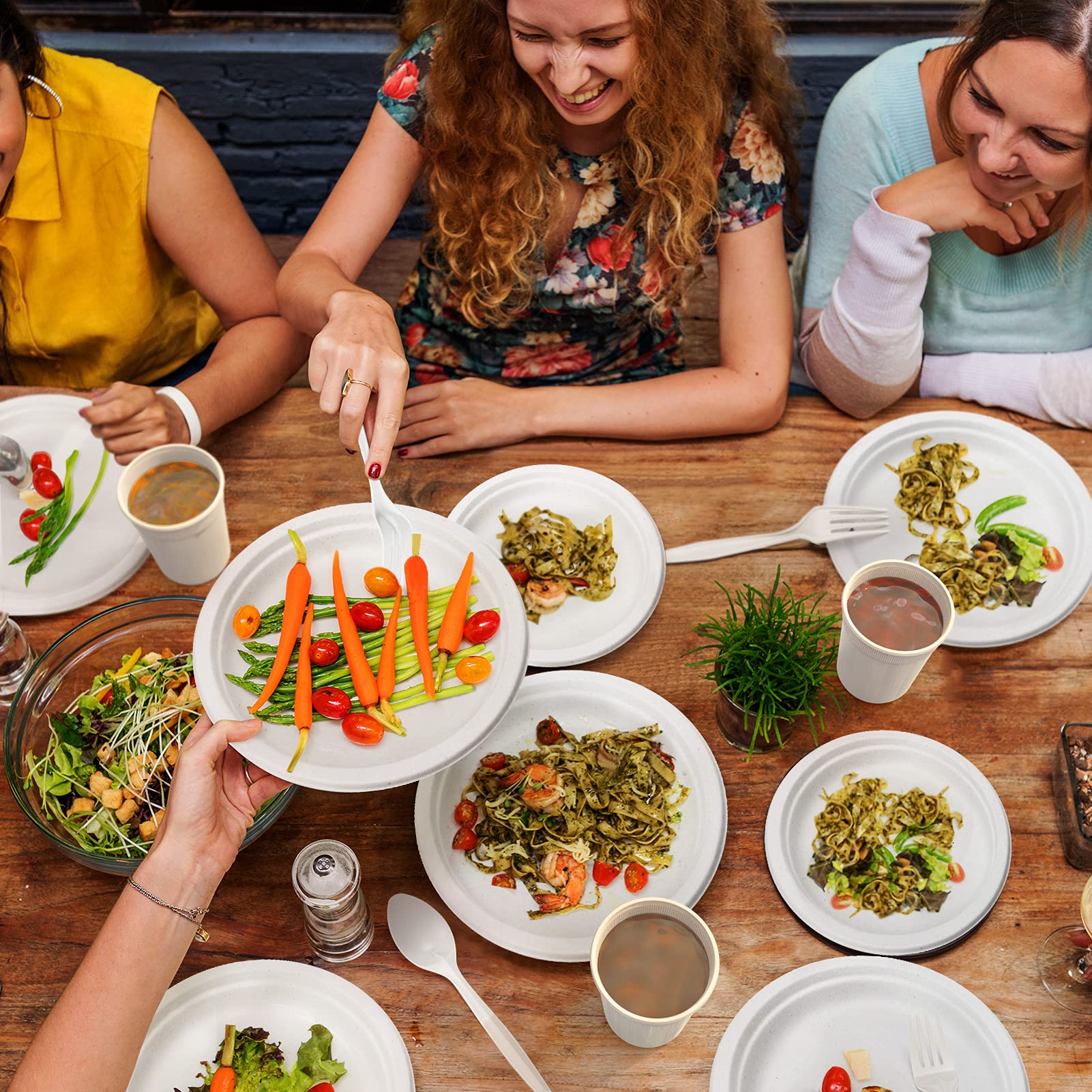 Lot De 350 Assiettes Jetables Compostables Pour 50 Invités, Assiettes Biodégradables Pour Fête/mariage/vaisselle - Lot De 50 Assiettes Plates, 50 Assiettes à Salade, 50 Cuillères, 50 Fourchettes, 50