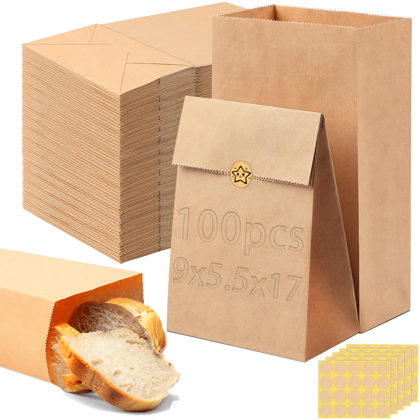 Kvittra 100 pcs Paper Lunch Bags， Kraft Paper Treat Bags with Window, Ziplock Stand Up Pouches for Packing Food Cookies Snacks, Resealable Bag with Transparent Window and Tear Notch (9x5.5x17cm)