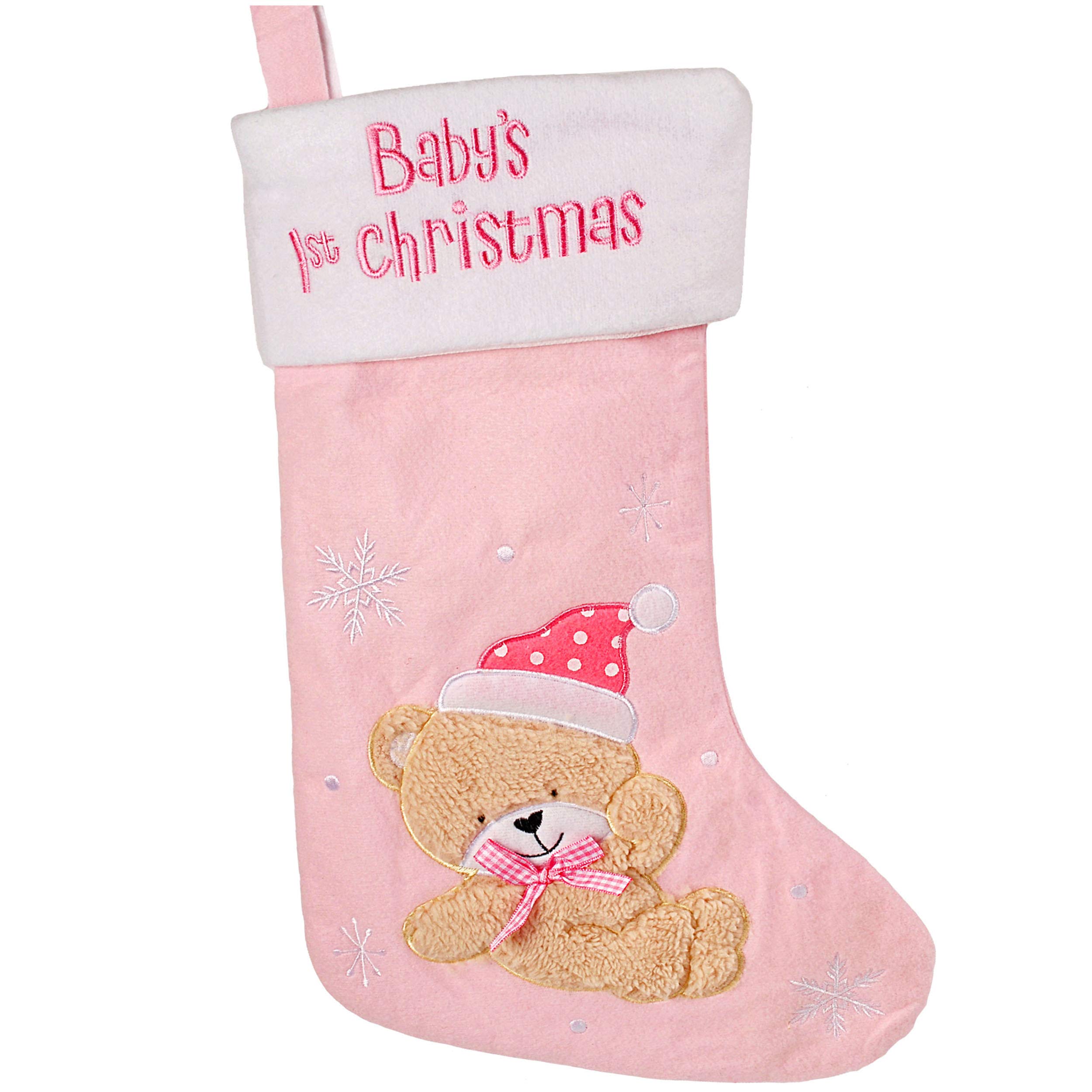 alles-meine.de GmbH 10 Stück 3D Effekt XL - Weihnachtssocken & Weihnachtsstrümpfe - Baby´s First Christmas - Teddybär - rosa/pink - 45 cm - Mädchen Baby/Geburt - 1 Jahr -..