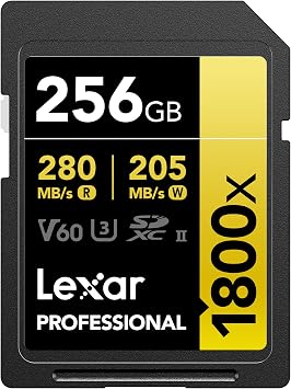 Lexar SDXC Professional 256GB 1800x UHS-II GOLD series, Class 10, U3, V60, for 4K video recording, black