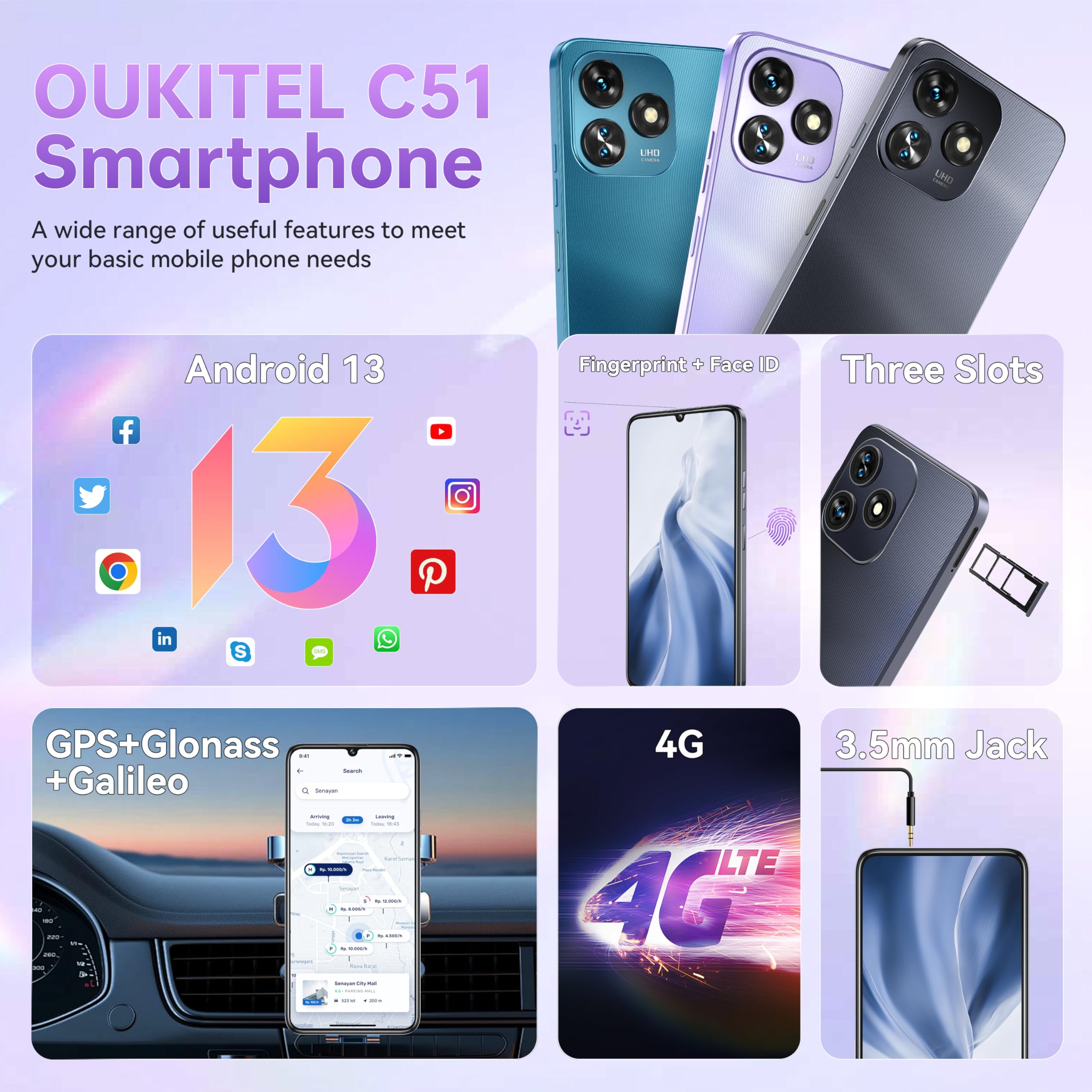 OUKITEL C51 Mobile Phones Sim Free Unlocked, 6.8