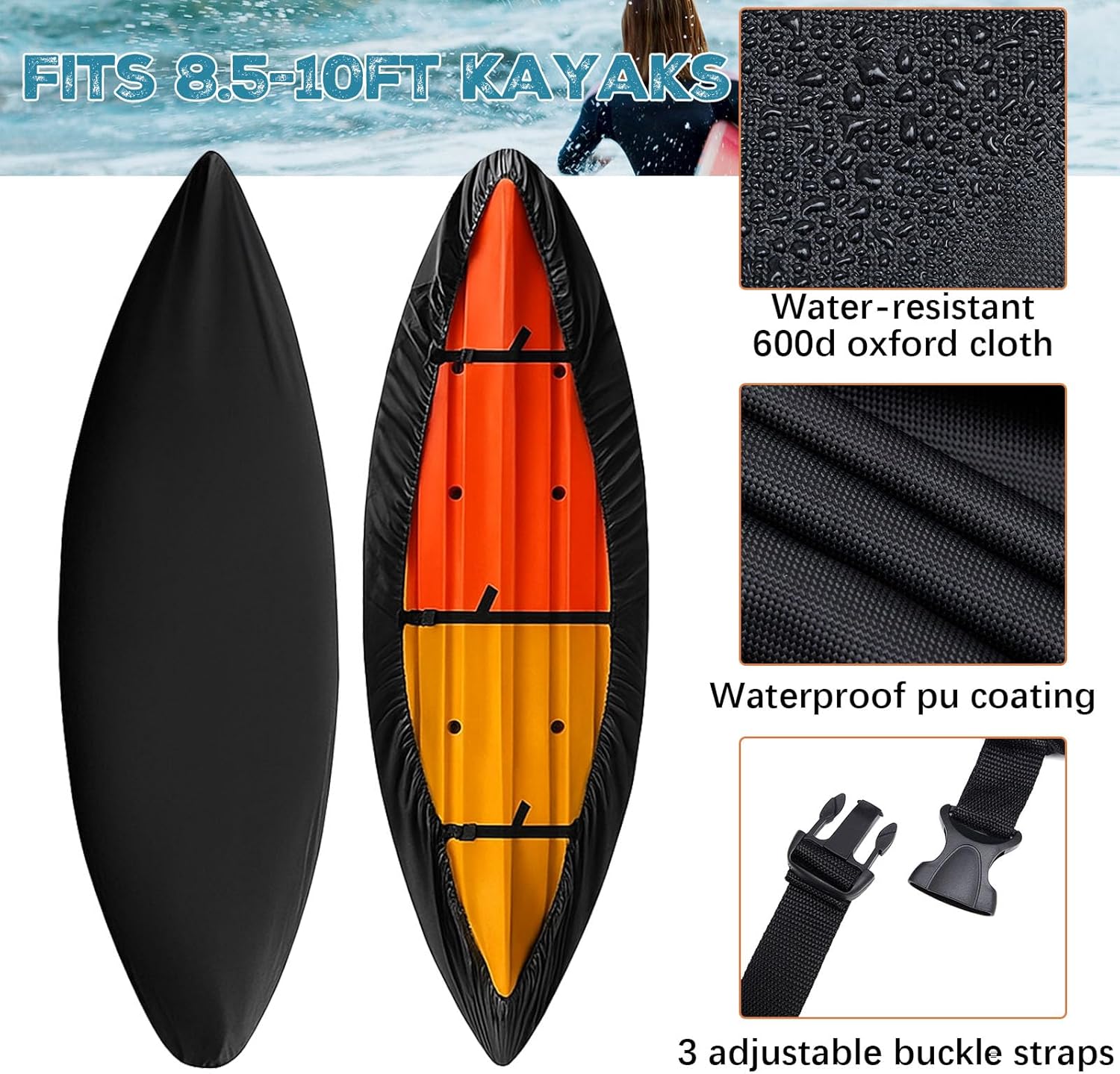 2 Set 600d Kayak Cover for Outdoor Storage with Carrying Straps and Storage Bags Fit 8.5 to 10 ft Heavy Duty Canoe Waterproof UV Resistant for Dust Protection Paddle Board Boat Accessory