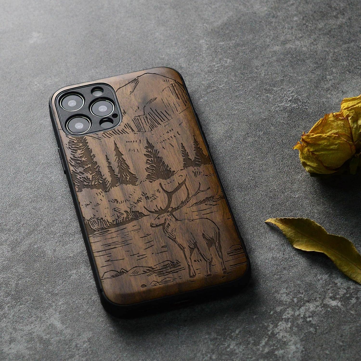 Carveit Magnetic Wood Case for iPhone 12 Pro - Natural Wood & Black Soft TPU - Shockproof Protective Cover - Classy Wooden Case - Compatible with MagSafe - Mountains and Deer (Walnut)