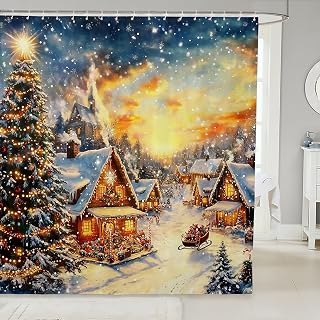 Christmas Cabin Shower Curtain New Year Glitter Xmas Tree Bathroom Curtain for Kids Teens Adults Yellow Gradient Sunset Winter Rustic Farmhouse Style Bath Curtain for Bathtub with 12 Hooks 72"W x 72"L