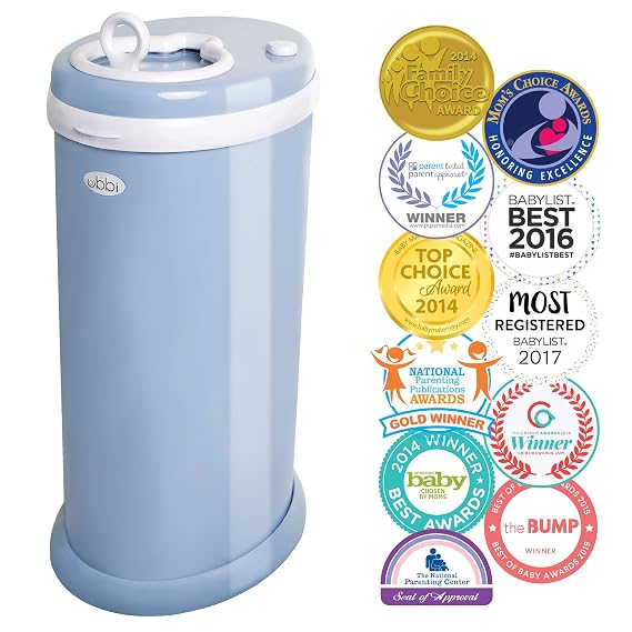 Ubbi Steel Odor Locking, No Special Bag Required, Money Saving, Modern Design, Registry Must-Have Diaper Pail, Cloudy Blue & On-The-Go Refill Bags, Lavender Scented, Value Pack of 36