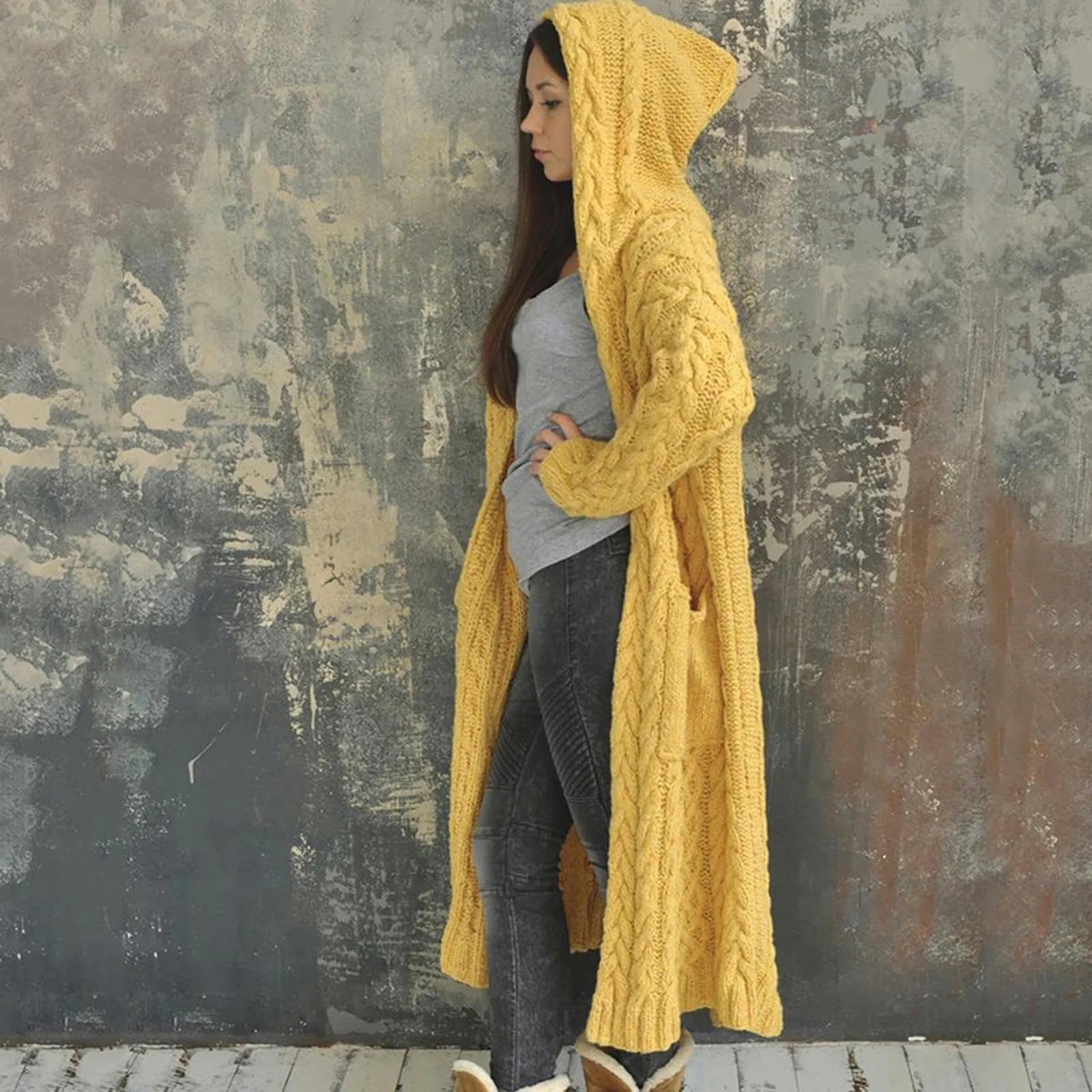 sweter sweter sweter luźny sweter z kapturem solidna zimowa kieszeń dzianiny długi płaszcz damski