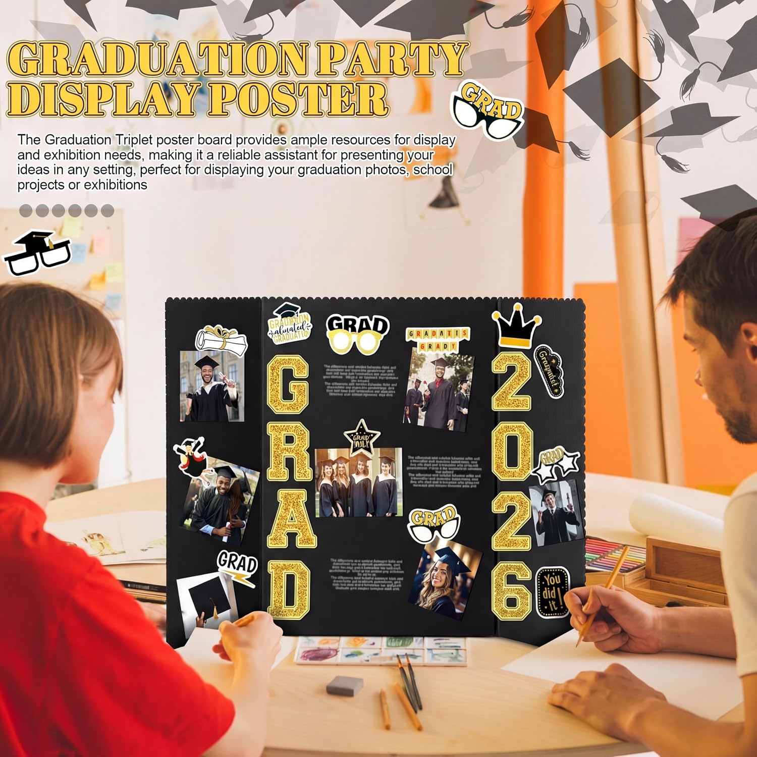 MiniInflat 4 Set 2026 Graduation Picture Trifold Poster Board Double-Sided Foldable Photo Display Board Graduation Decoration for Class of 2026 High School College DIY Craft(Gold,24 x 16 Inches)