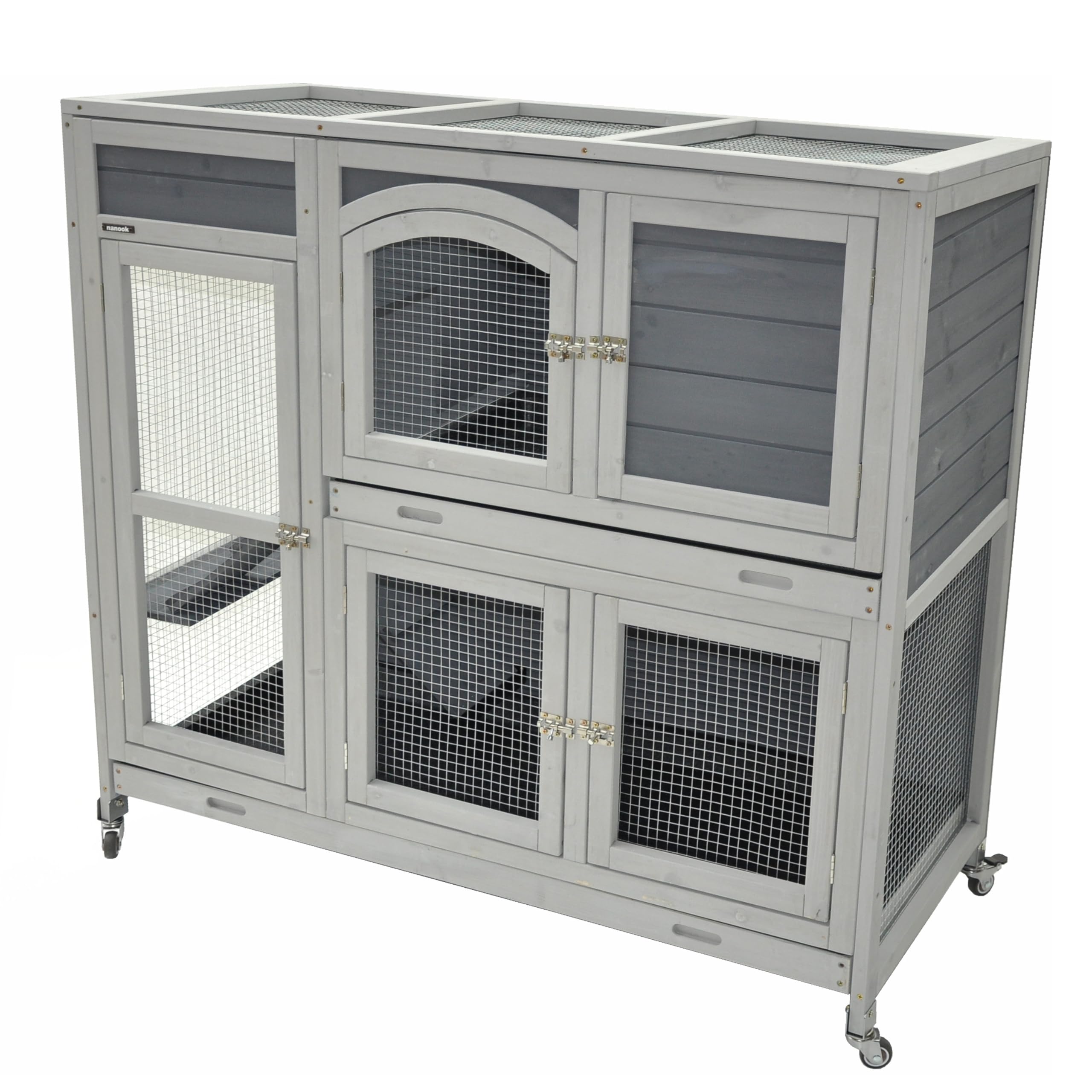 nanook Indoor Kleintierstall Hamster Meerschweinchenstall Zwergkaninchen seitliche Aufgänge für mehr Platz - lasiert - feststellbare Rollfüße - praktische Dachöffnung - 111 x 45 x 107 cm - grau
