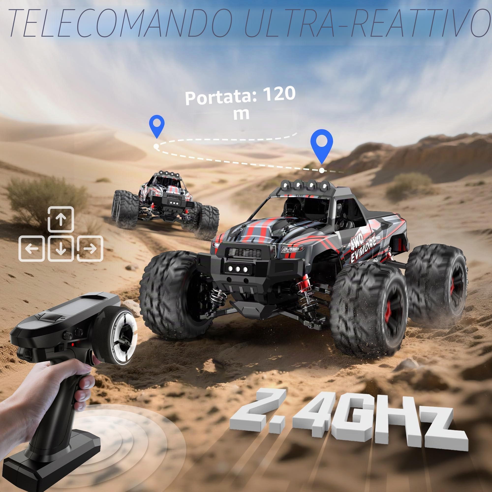 Evmore 1:16 Camion Telecomandato Professionale, Velocità massima 55 km/h, Macchina Radiocomandata, Auto RC 4x4 per Tutti i Terreni, Trasmissione in Metallo e 2 Batterie Ricaricabili da 1200 mAh