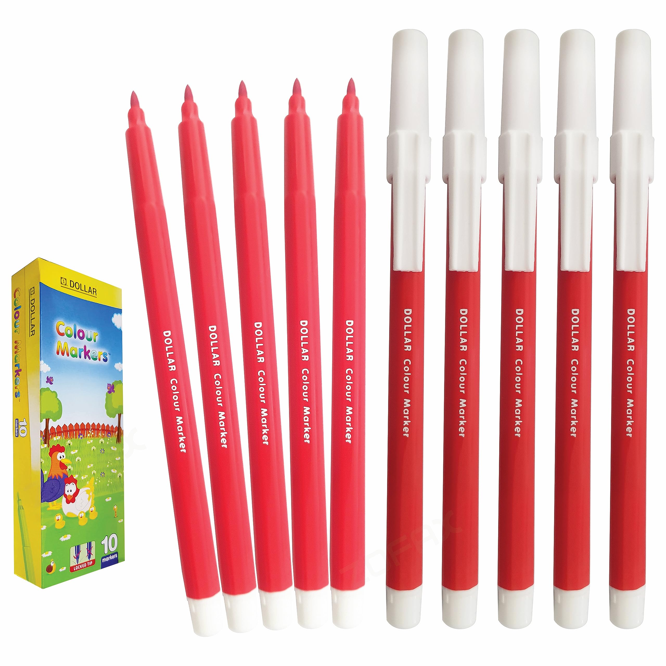 DOLLARColorMax Felt Tips Colouring Pens, RED, Pack of 10, Ideal for Draw Colour Mark Sketch Write, Perfect for School Office Home Everyday Use
