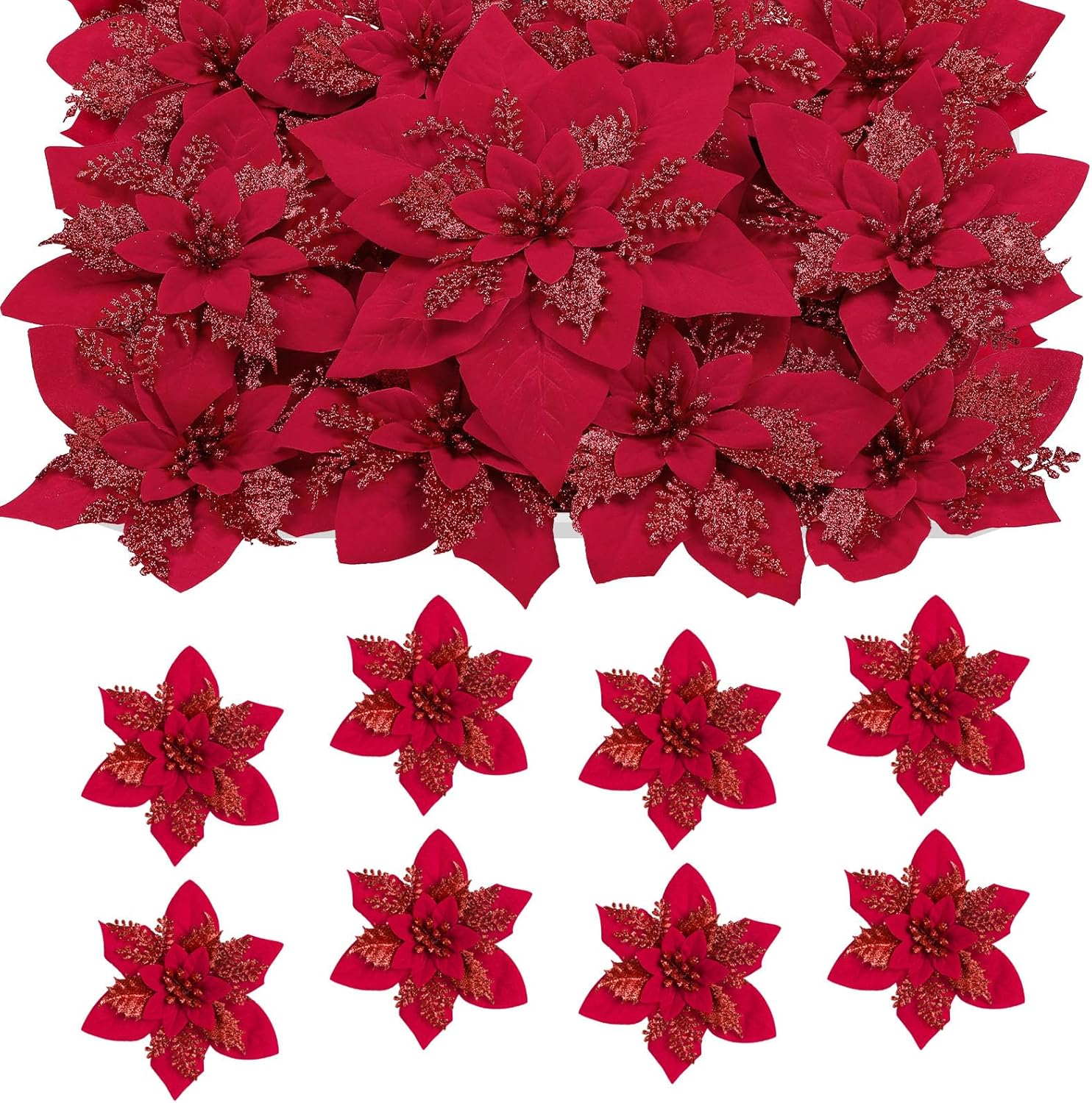 Alupssuc 24PCS 6"& 9" Red Artificial Poinsettia Christmas Flowers, Glitter Faux Ornaments for Xmas Tree Wreath Garlands New Year Home Decor, Red