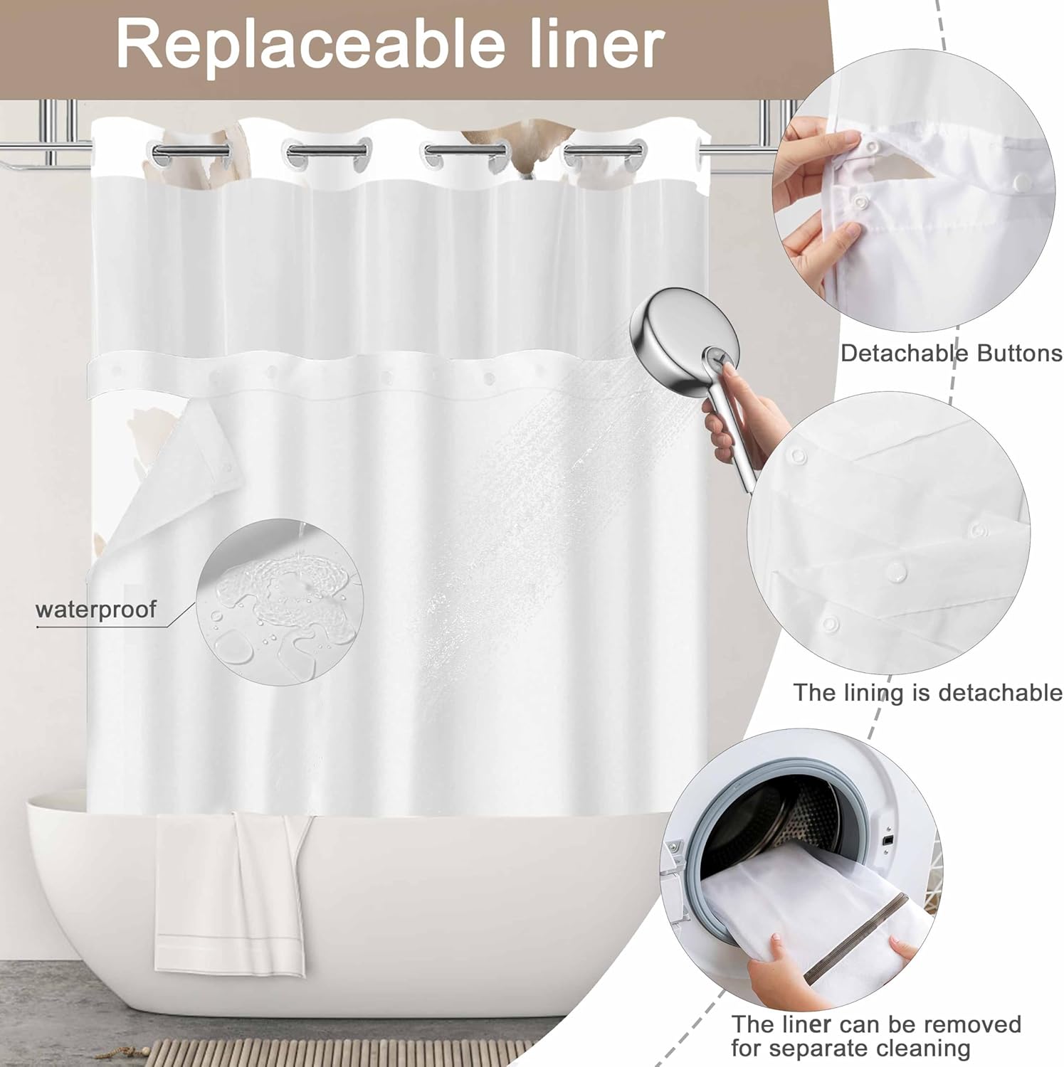 No Hook Shower Curtain and Liner Set, Brown Boho Floral Shower Curtains for Bathroom, Watercolor Flower Waterproof Bathroom Curtain Sets with Snap in Liner, 71x74 Inch