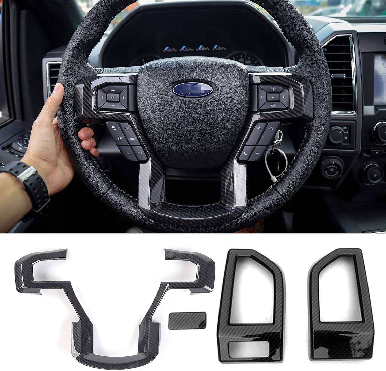 Keptrim for F-150 ABS Carbon Fiber Steering Wheel Cover & Dash Air Conditioner Outlet Vent Trim for 2015-2018 Ford F150, 4pcs