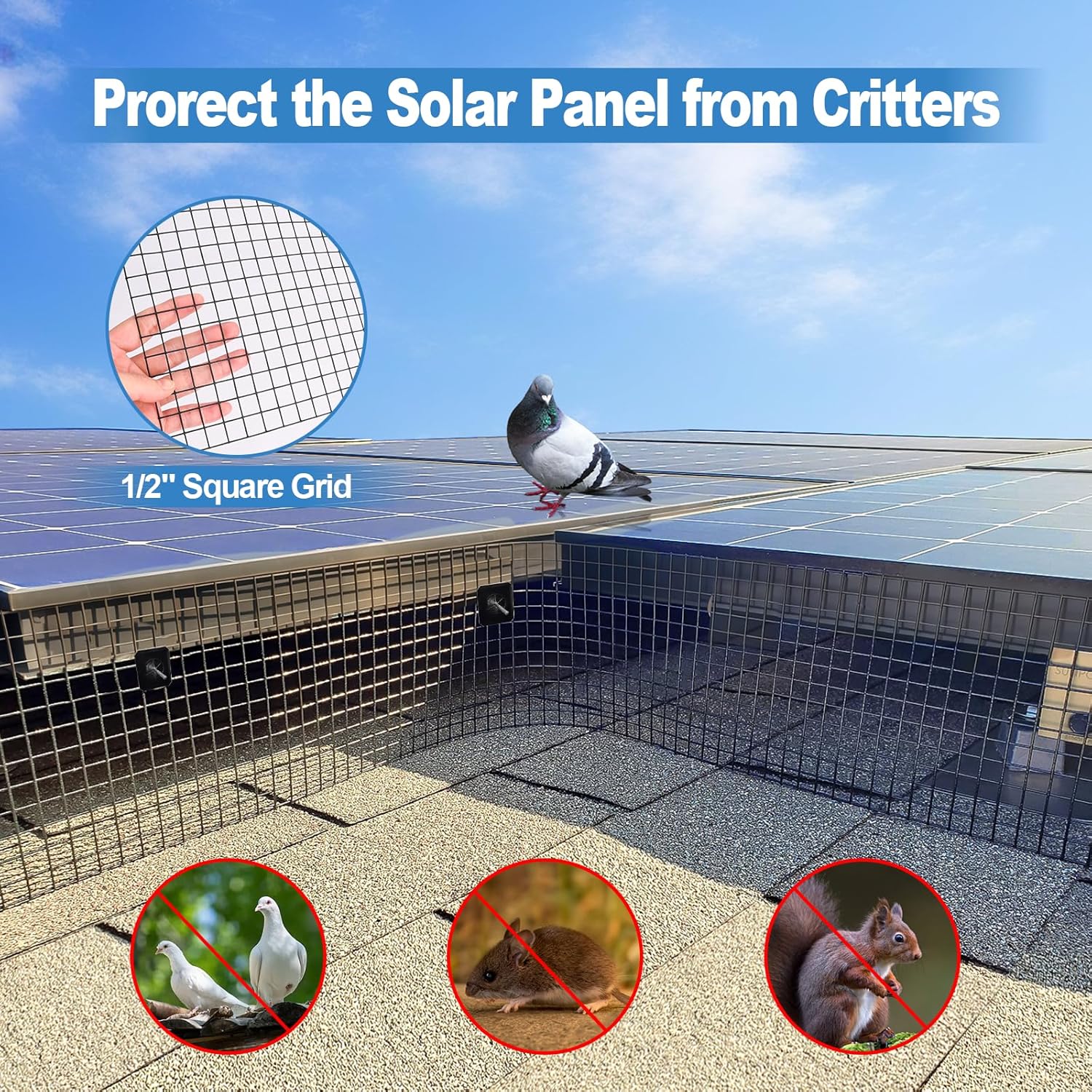 Solar Panel Bird Guard - INCIKITI 6in x 50ft PVC Coated Solar Panel Bird Guard Mesh 1/2" Critter Guard with 50 Fastener Clips, 20 Tie Wire, Cutting Scissor, Gloves
