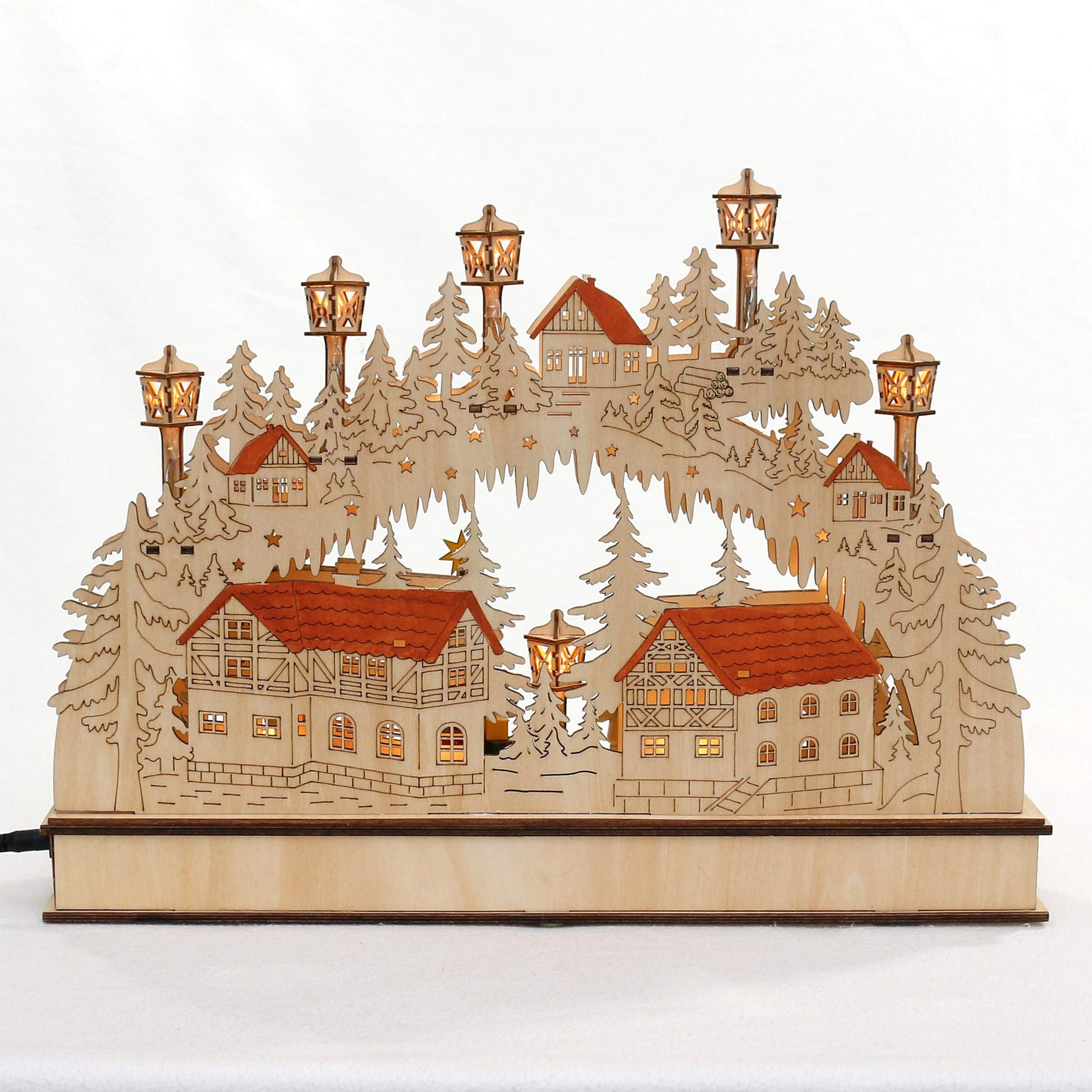 LED Holz Schwibbogen, Lichterbogen, Schwippbogen, Leuchterbogen, Fenster Schwibbogen mit bewegtem Tannenbaum inklusive Netzteil als auch Batteriebetrieb möglich, L/B/H ca. 45 x 12 x 35 cm.