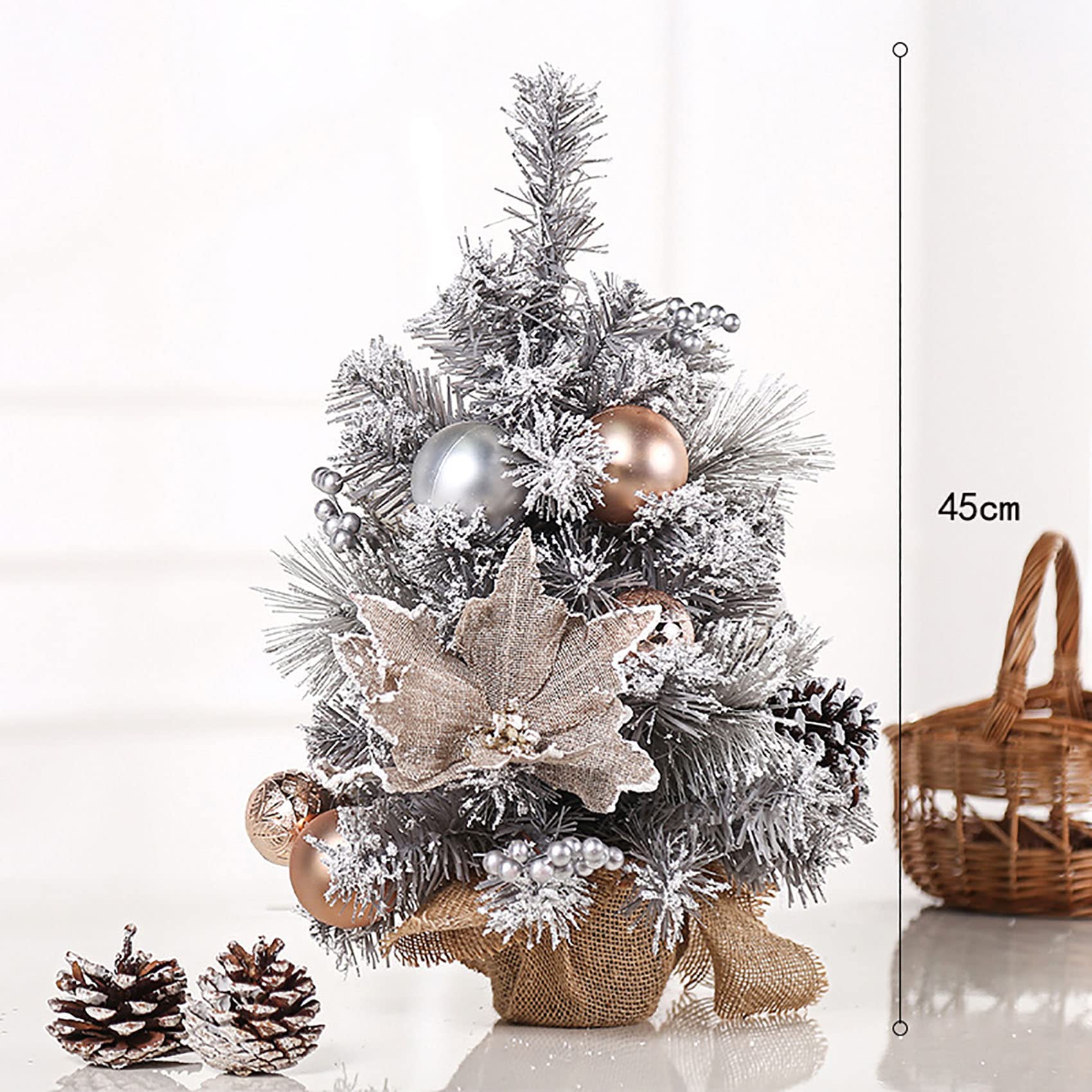 Choinka na stół, choinka, śnieżna flokowana choinka, mała sztuczna choinka z szyszkami sosnowymi, mini śnieżna sosna na stół biurko dekoracja domu - 45 cm / 17,7 cala