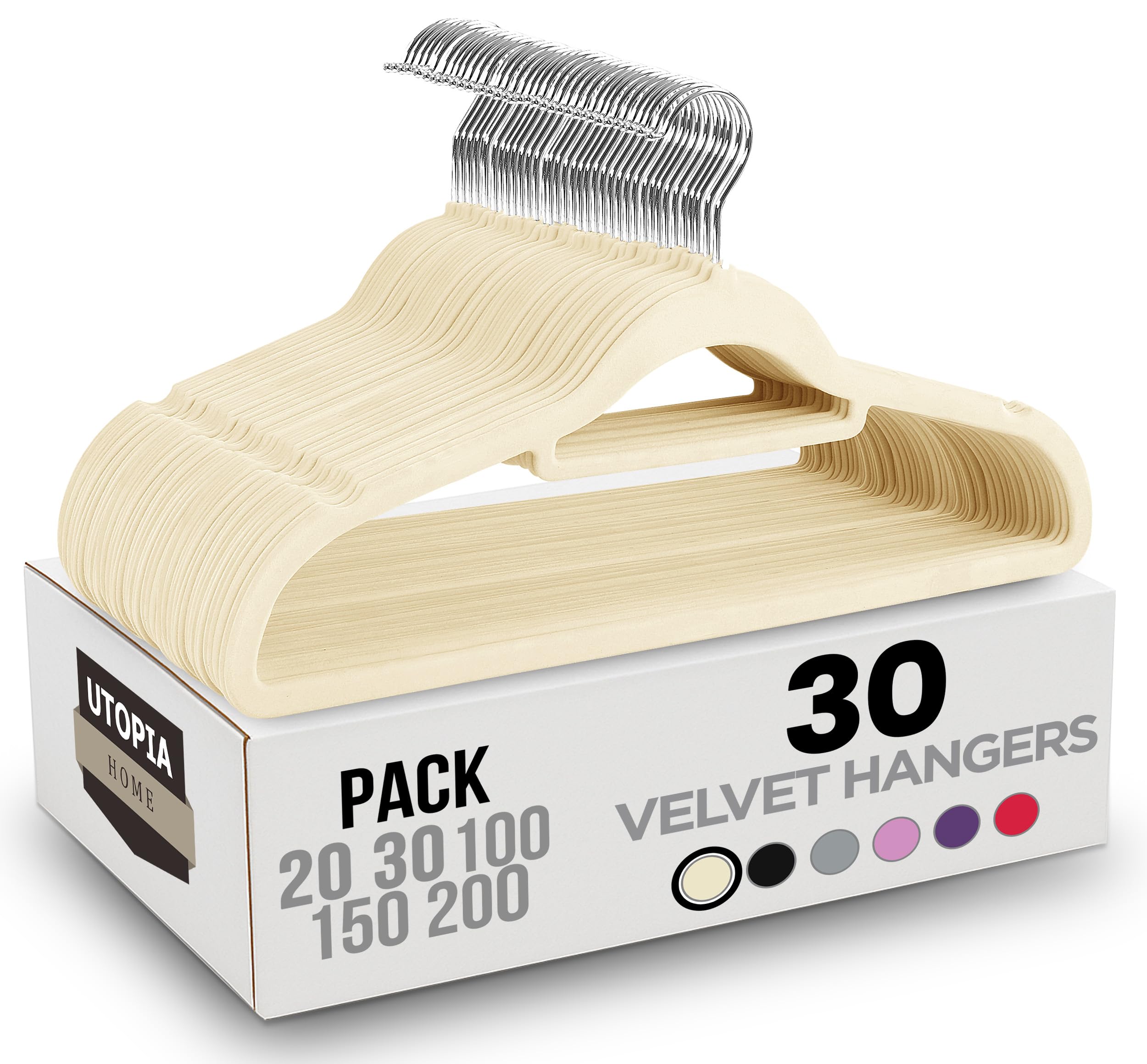 Utopia Home Premium Velvet Hangers 30 Pack - Non-Slip Clothes Hanger with Tie Bar - Ivory Hangers with 360 Degree Rotatable Hook - Heavy Duty Coat Hanger