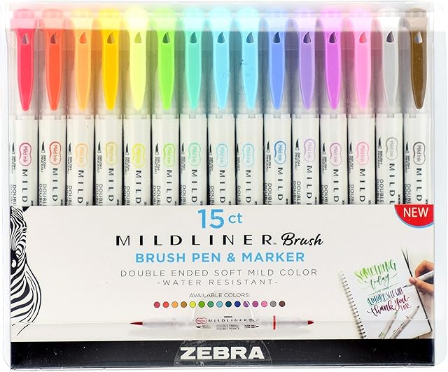 Zebra Pen Mildliner Double Ended BRUSH Tip Pen & Bullet Tip Marker 15 pk-Assorted Colours