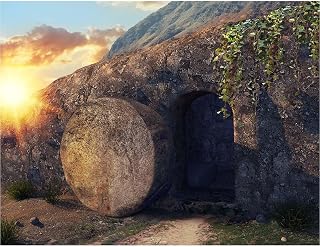 Empty Stone Tomb Photography Backdrop Crucifixion of Jesus Christ Holy Lights Cross Background God Bless Jesus Christian Pray Kids Adults Portraits Photo Studio Props Church Decor 7x5ft