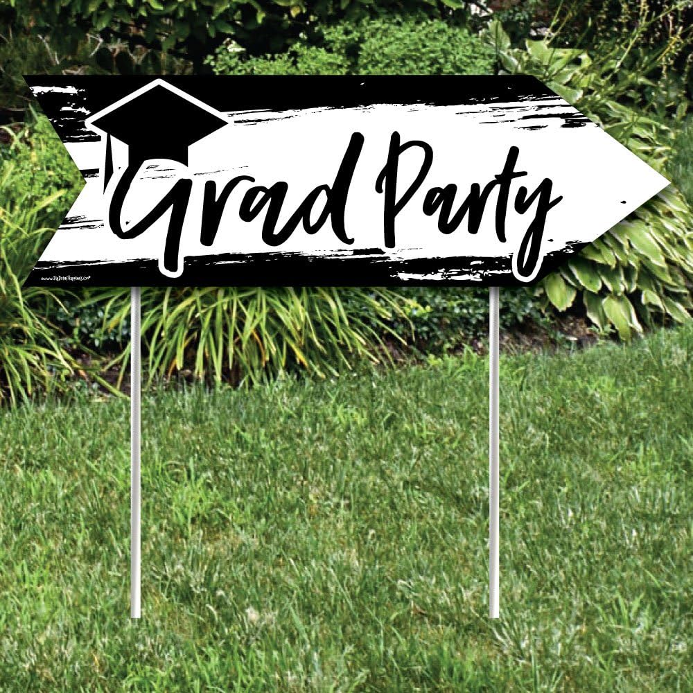 Big Dot of Happiness Black and White Graduation Party Sign Arrow - Double Sided Directional Yard Signs - Set of 2