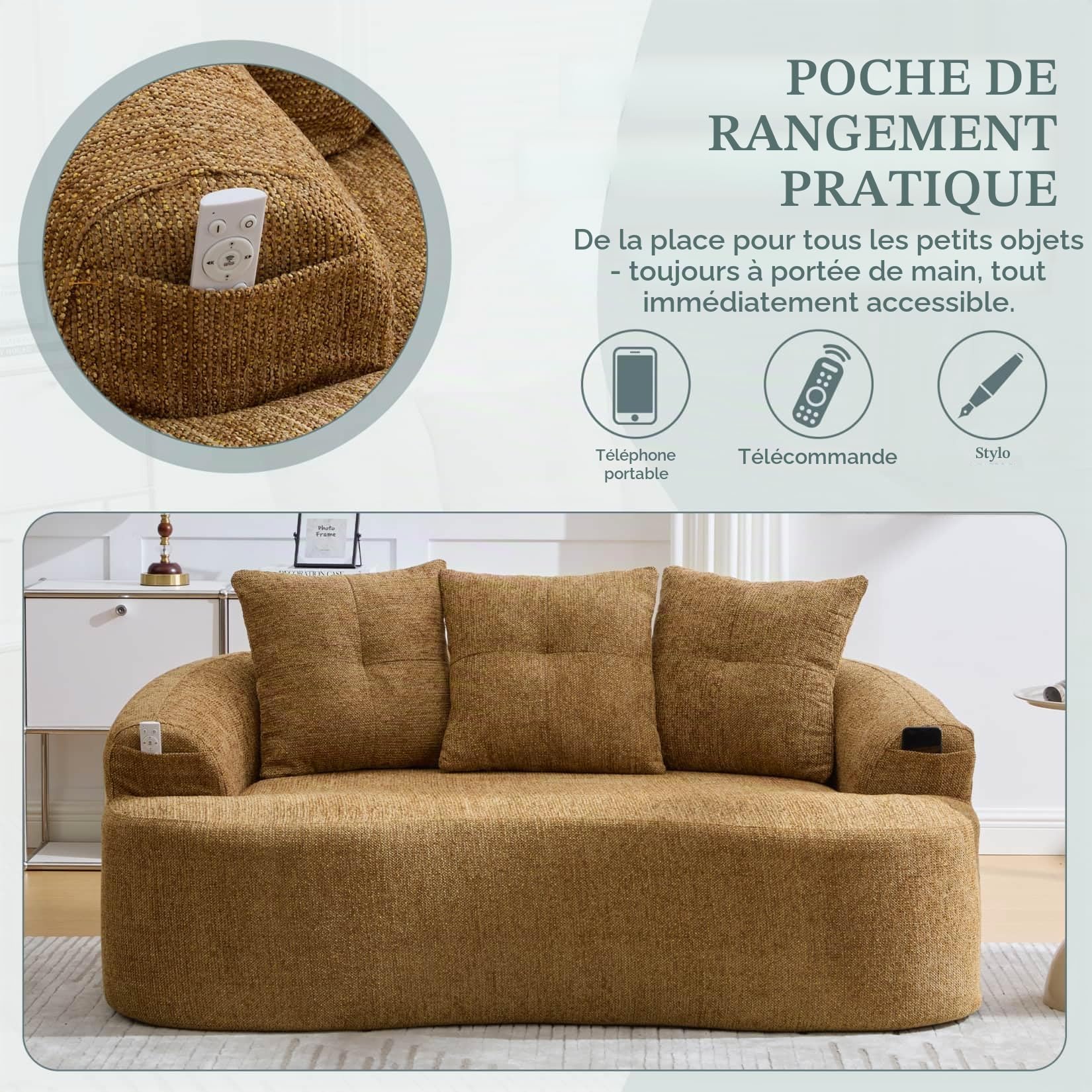 PUGSDRLY Canapé d'angle 2 Places en Forme de Nuage,Petit Canape 2 Places avec 3 Coussins,Aucun Assemblage Requis,Capacité de Charge 180 kg,Chenille,pour Appartement Bureau Salon (Jaune Moutarde)