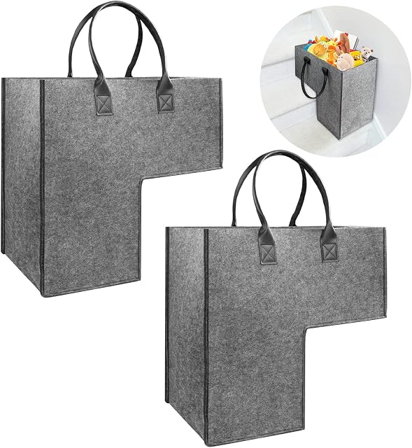 Foldable L-Shape Stair Basket Organiser, SMFANLIN Folding Fabric Staircase Storage Organizer with Faux Leather Handles, Large Stair Tidy Basket Bin for Laundry, Toys, Household Items