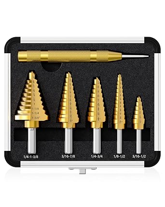 6 PCS خطوة مثقاب مجموعة مع مركز التلقائي لكمة، 1/8 "إلى 1-3/8"، عالية السرعة الصلب خطوة مثقاب للفولاذ المقاوم للصدأ، المعادن، الألومنيوم، النحاس، الخشب، PVC