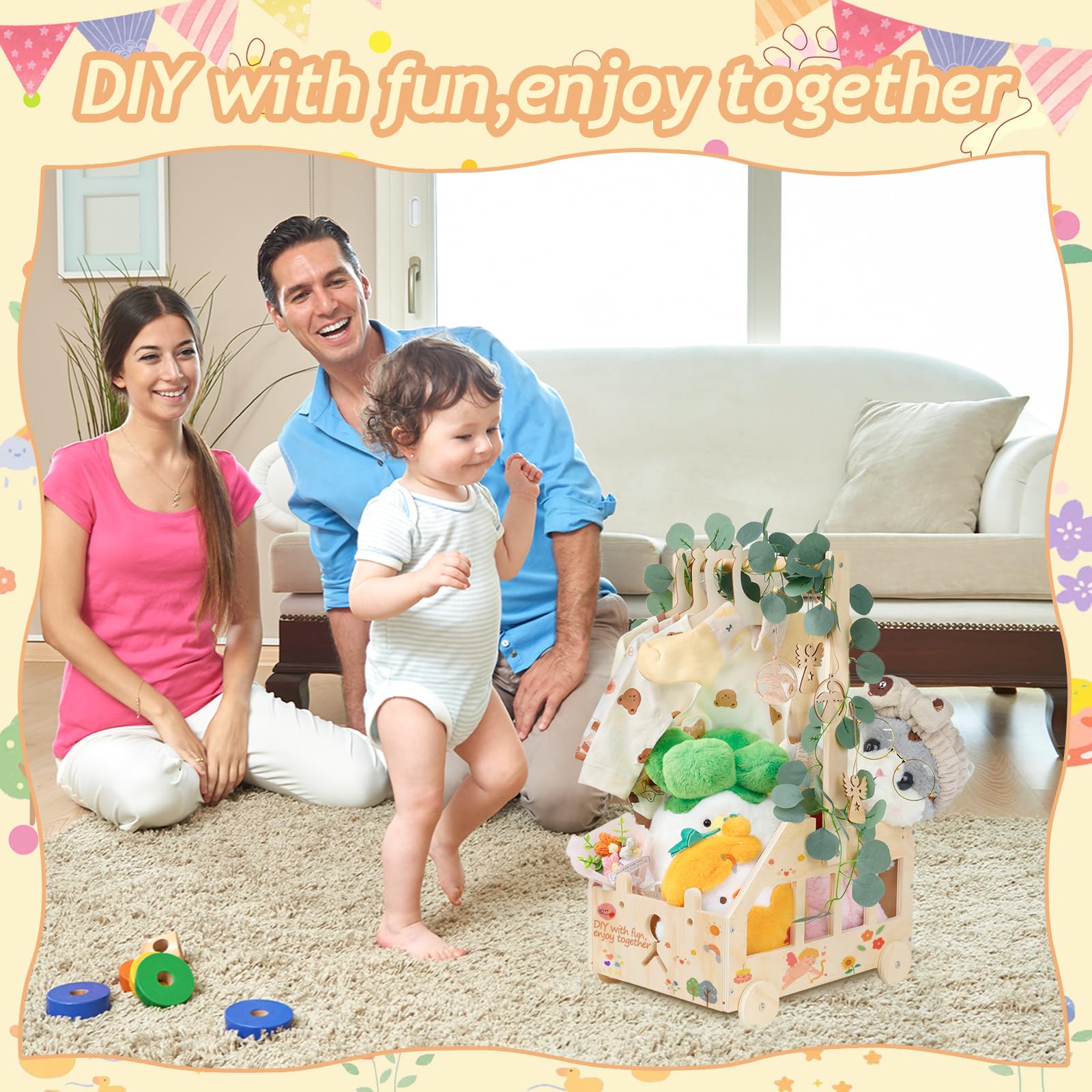 Wooden Baby Basket Cesto Baby Shower con Manico Cestino in Legno per Baby Shower con Ruote Cesta Giochi Bambini in Legno Cesto Portagiochi Bambini con Tag e Appendiabiti Cesto Nascita Bimba