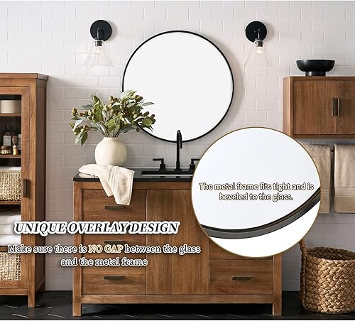 Miniatura 4 de G-LEAF Espejo redondo negro de 28 pulgadas, espejo circular para baño, entrada, tocador, sala de estar, espejo de baño redondo para pared