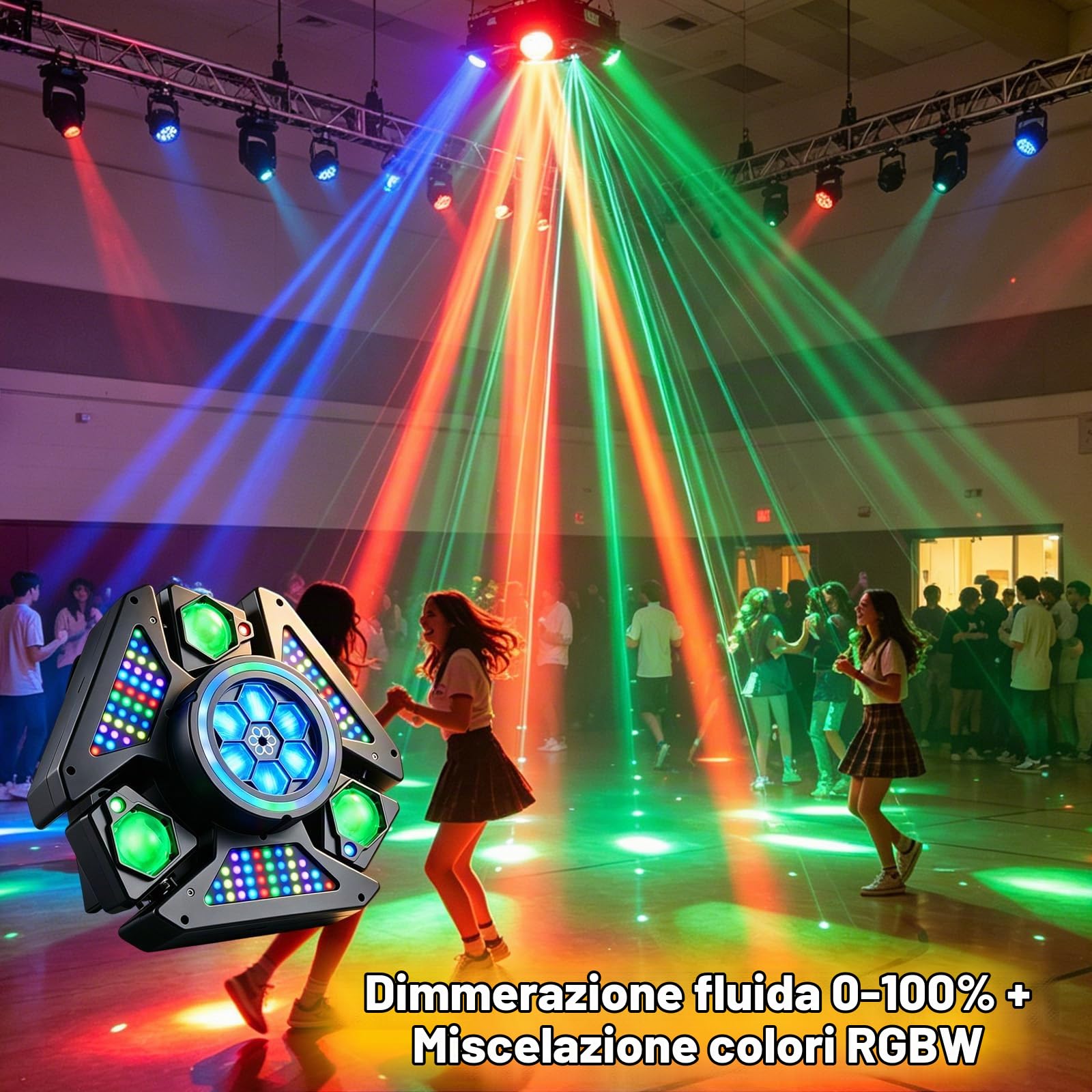 Luce da palcoscenico a LED Bee Eye a 3 bracci, 80 W RGBW, luce DJ con effetti multicolori, strobo DMX512 attivato dal suono per feste, club, bar, matrimoni e spettacoli da discoteca