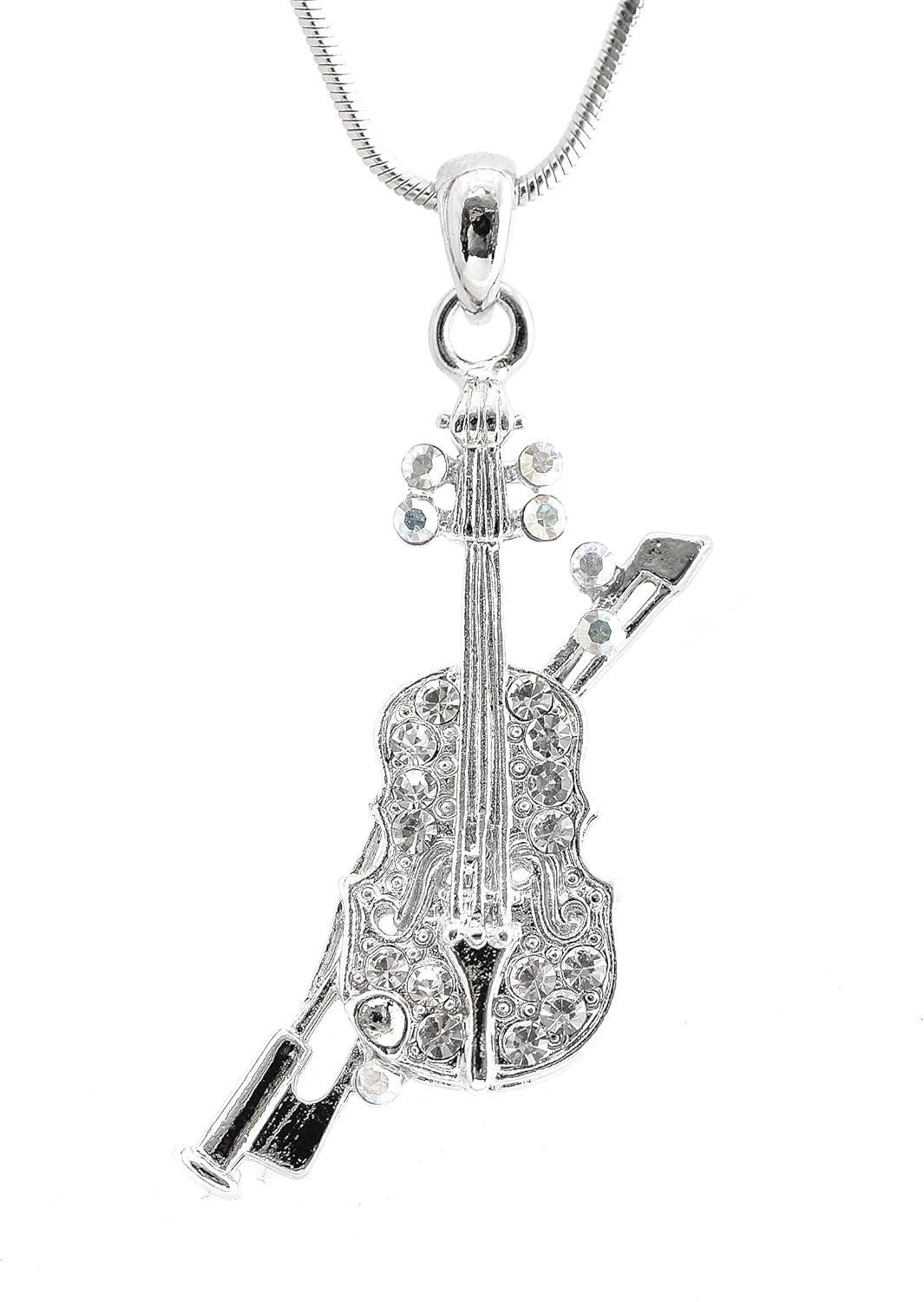 Spinningdaisy Silver Plated Crystal Miniature Viola with Bow Necklace