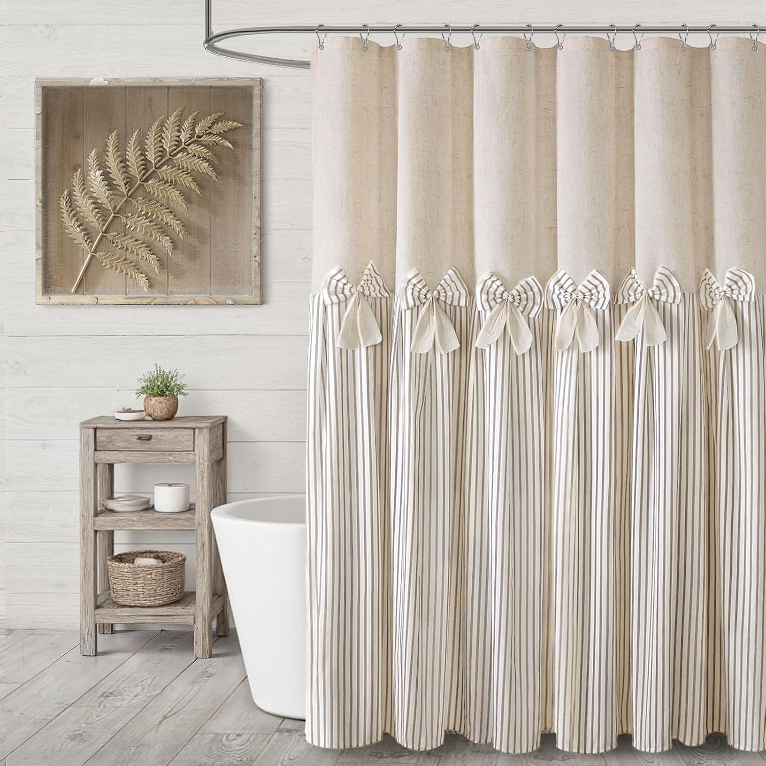 Farmhouse Shower Curtain Linen Beige Bow Woven Fabric Country Rustic Western, Pleated Beige Stripe 72" W x 90" L