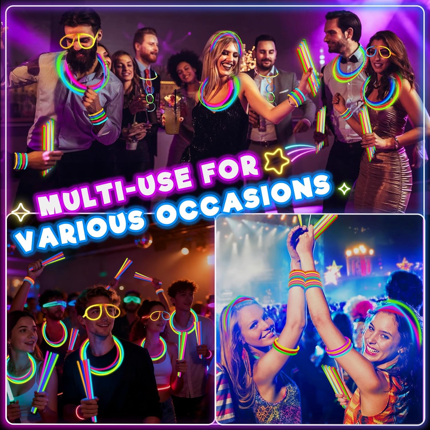 TURNMEON 500 Pack Ultra Bright Glow Sticks Bulk Glow In The Dark Party Supplies Necklace Bracelet with Connector 8" Light Up 14Hrs Long Last Party Favors Toy Birthday Wedding Pool Patriotic
