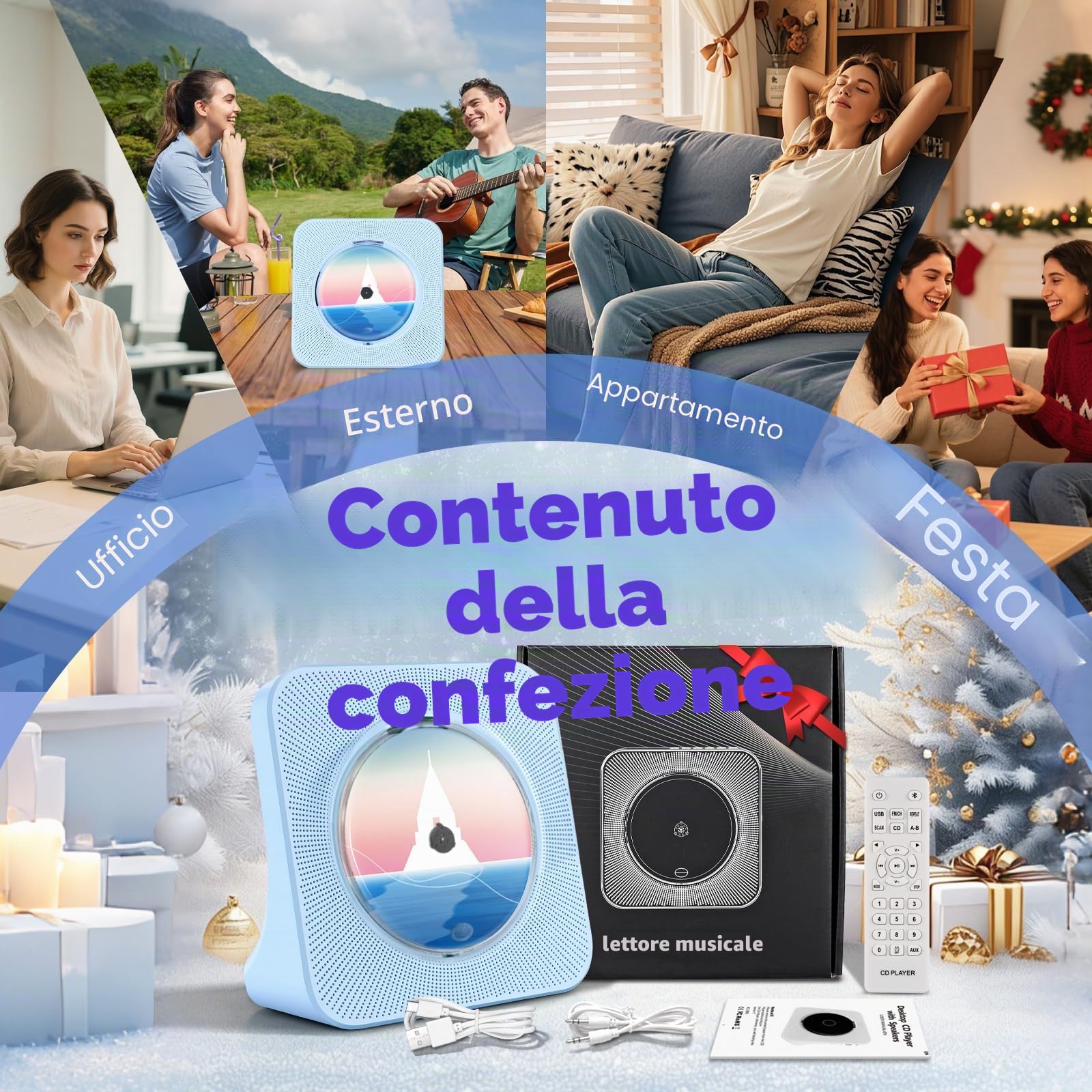 Lettore CD Portatile Casa, CD Player Bluetooth Casse Integrate con Timer
