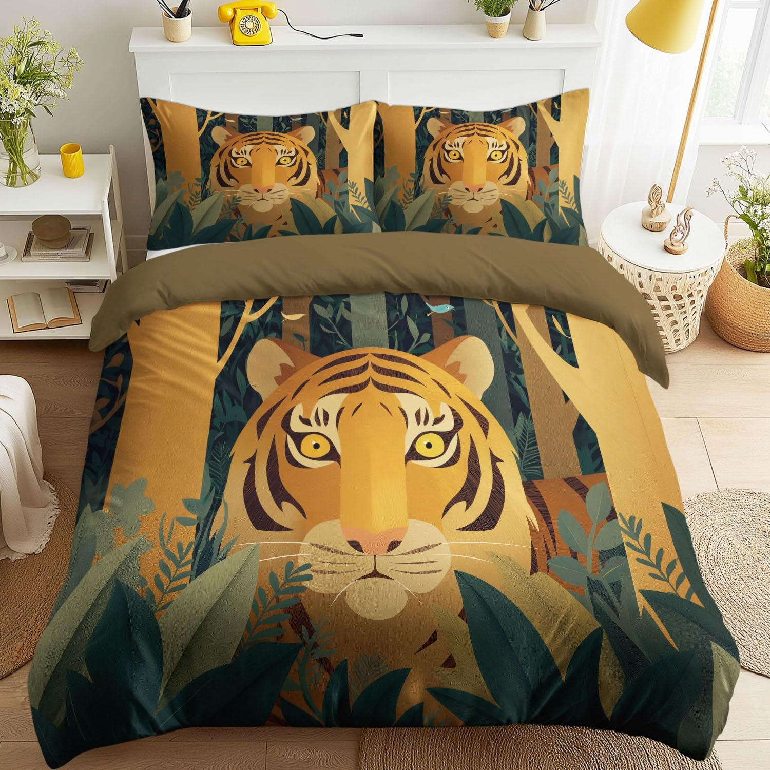 Housse de couette jungle avec tigre pour une décoration de chambre exotique et moderne