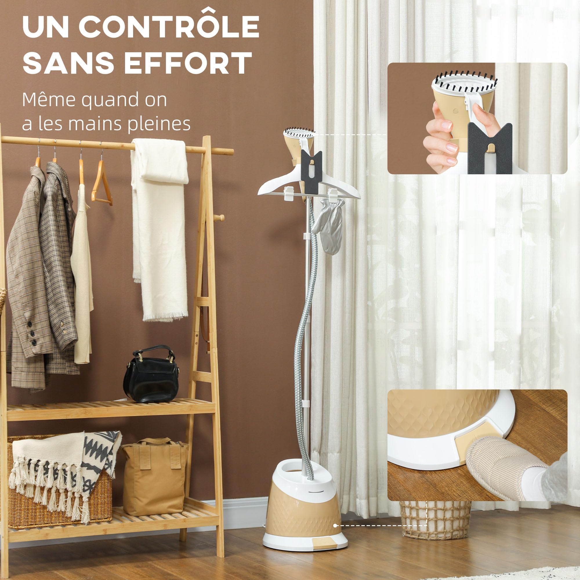 HOMCOM Défroisseur Vapeur Vertical 1800 W 36 g/min, Steamer Prêt en 35s, Repasseur avec Réservoir d'Eau 1,8 L, Tige Télescopique et Plateau Aluminium, Autonomie 50 min, Or