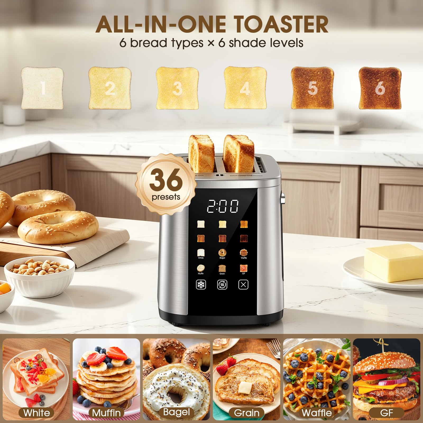 Foyoconven 2 Slice Toaster with Touch Screen, 1.5" Extra Wide Slots for Bagels & Thick Bread, Stainless Steel, Digital Countdown Timer, 6 Shade Settings, Defrost/Reheat/Cancel, Removable Crumb Tray