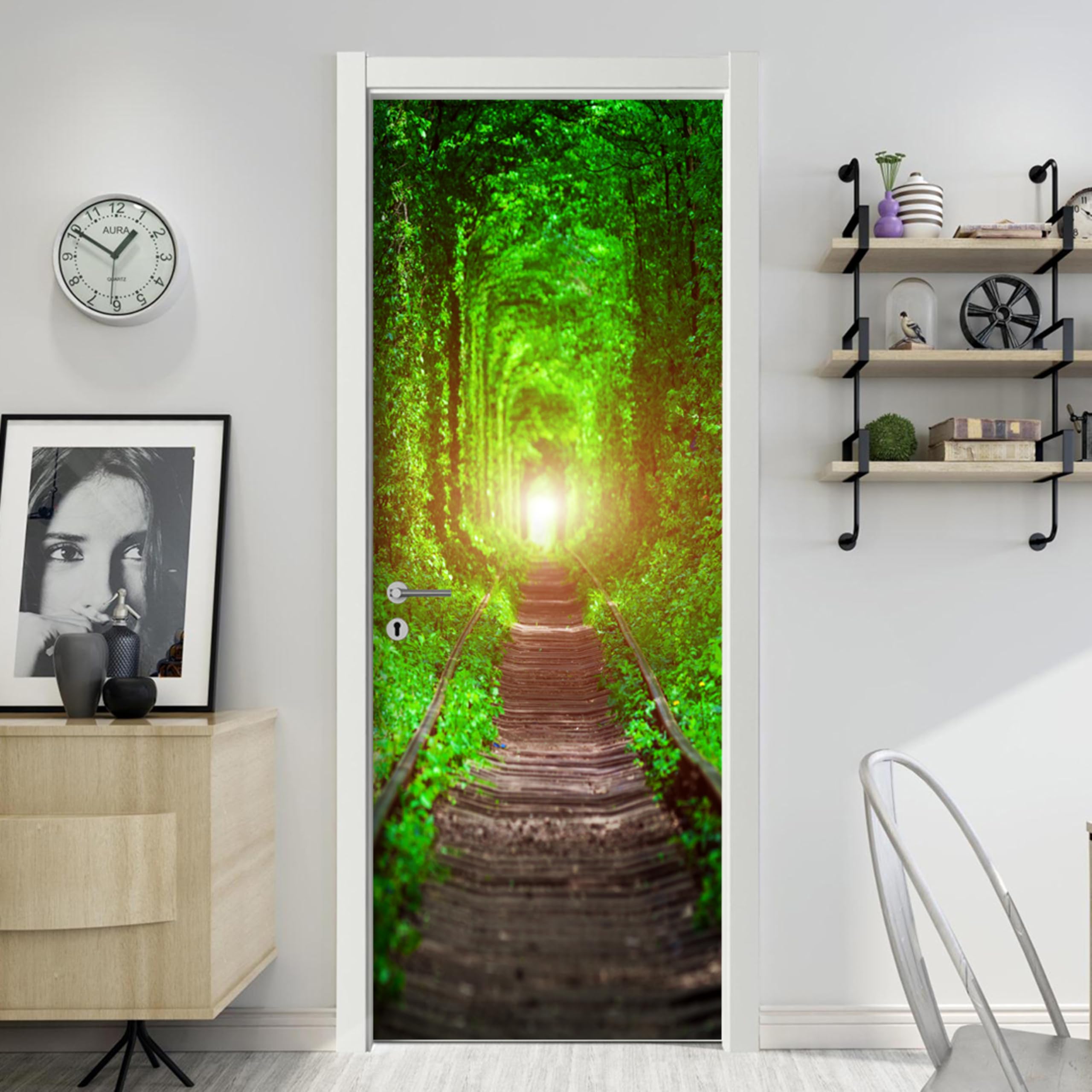 Poster de porte autocollant forêt et vieux rail pour salon nature épuré