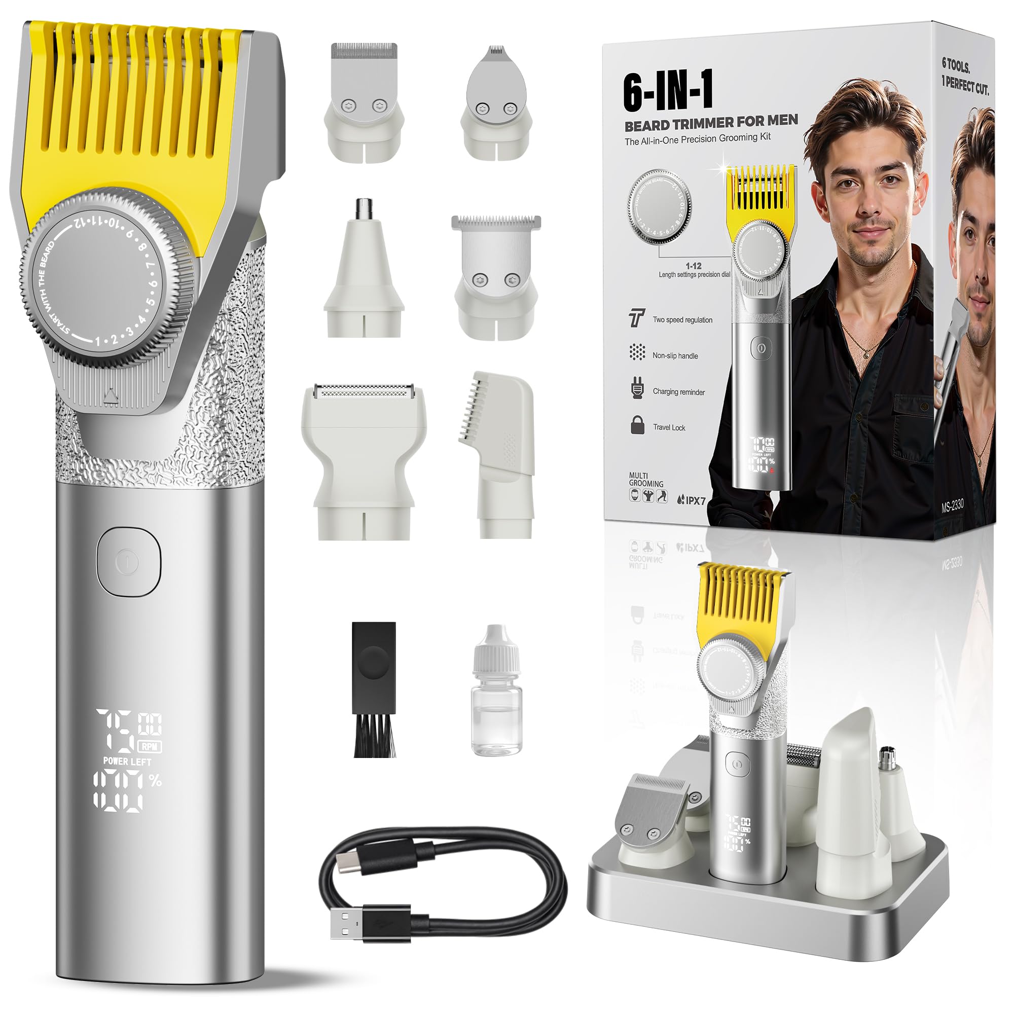 Prettywill Beard Trimmer for Men,Professional Hair Clippers with Magnetic Head & Precision Dial, IPX7 Waterproof 4.5 Hours Runtime,2-Speed